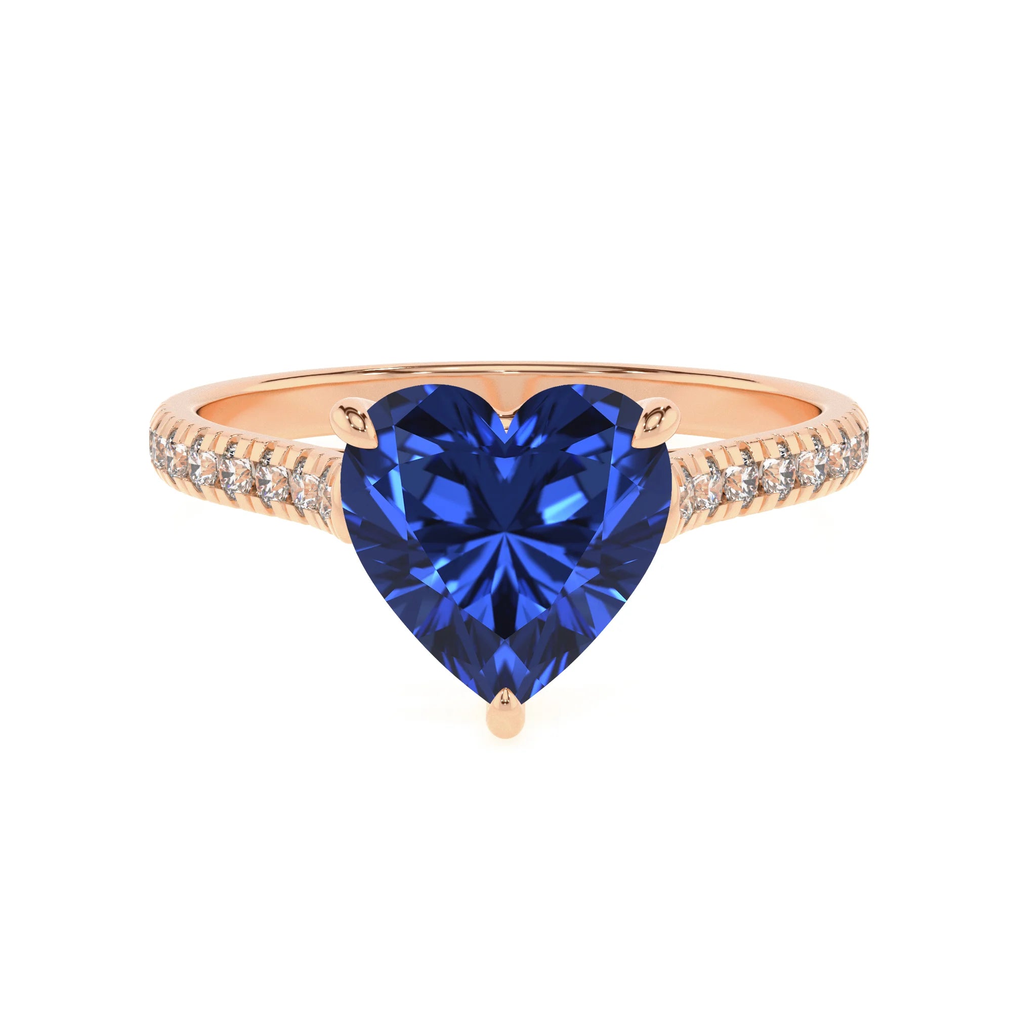 lab grown blue-sapphire heart half eternity solitaire engagement rings in rose gold