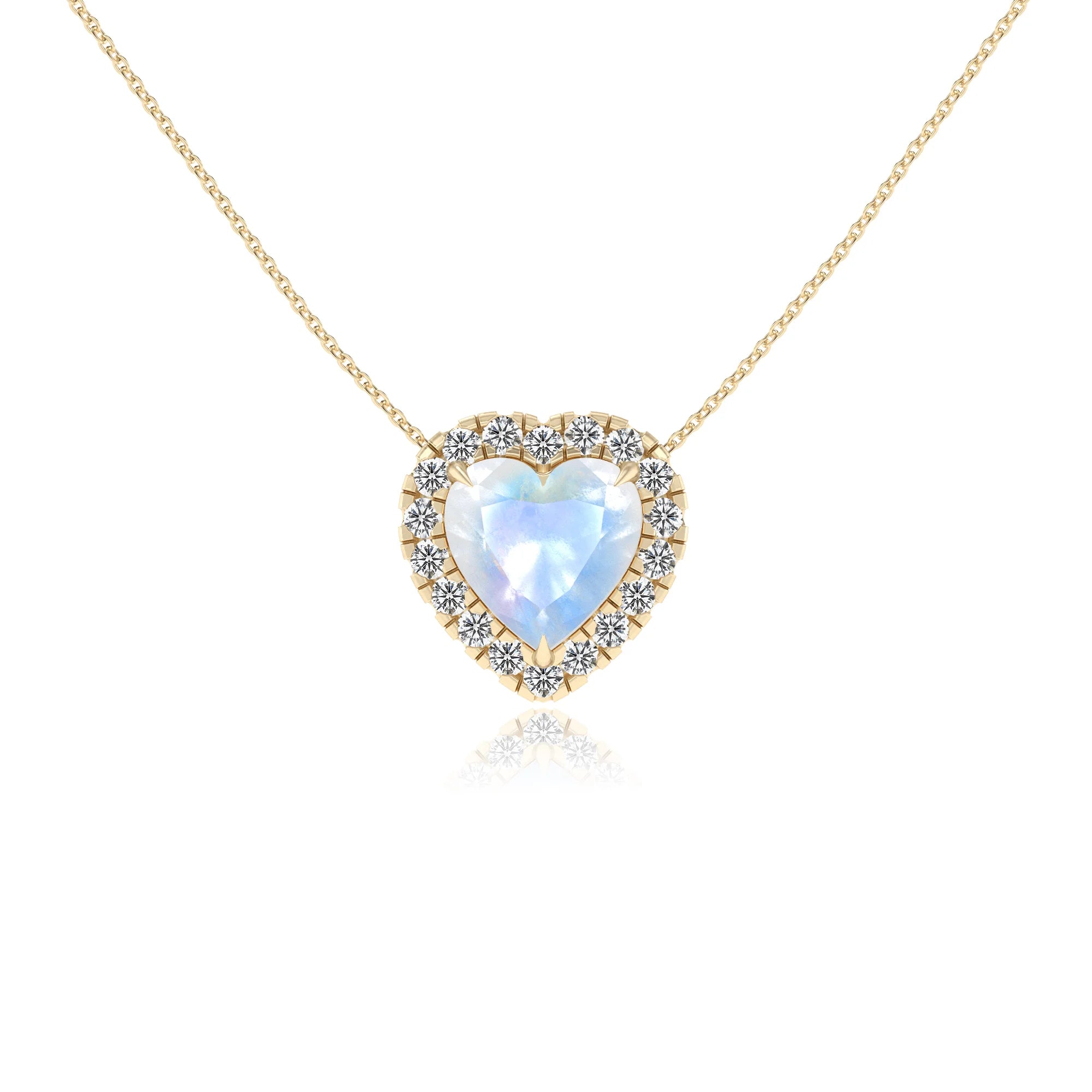 natural rainbow moonstone heart solitaire necklaces in yellow gold