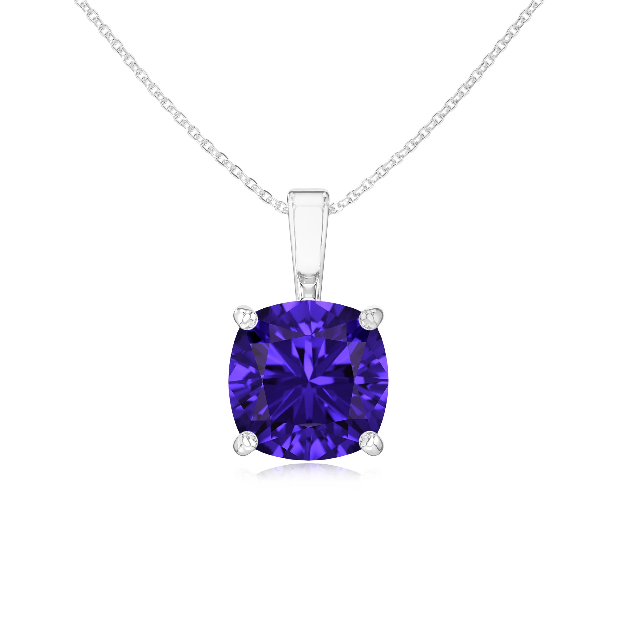 lab grown tanzanite cushion solitaire necklaces in white gold