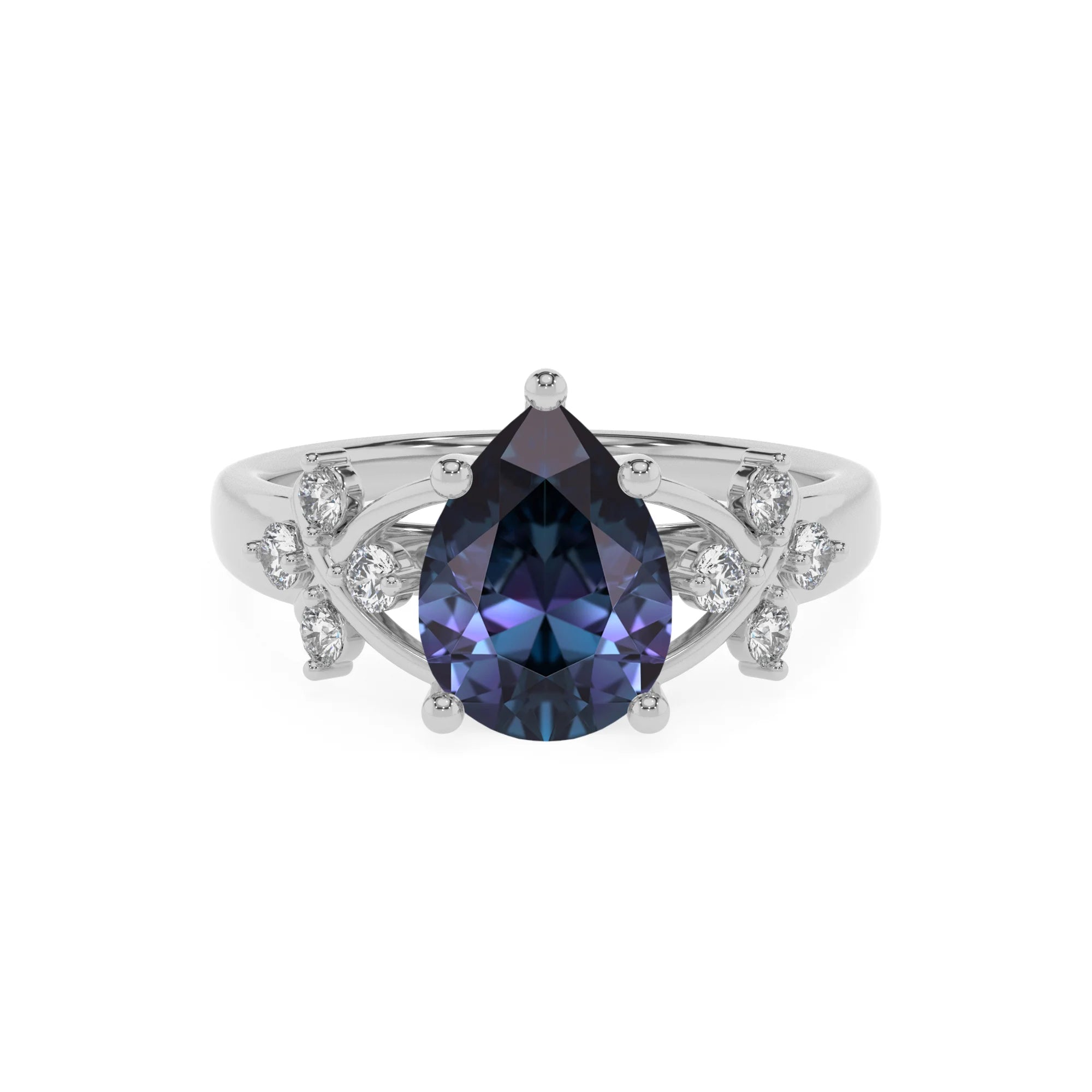 lab grown alexandrite pear solitaire rings in white gold
