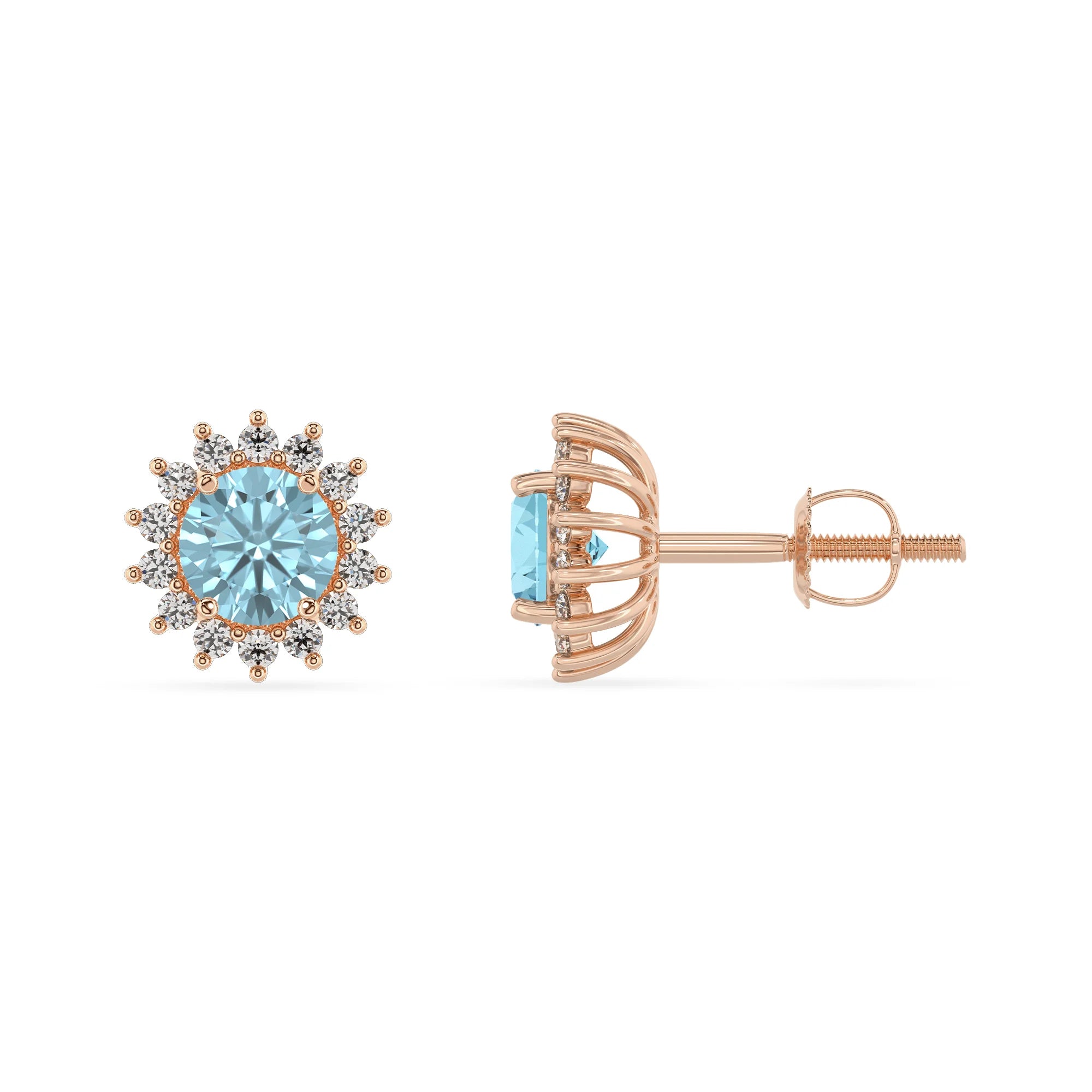 lab grown aquamarine round stud earrings in rose gold