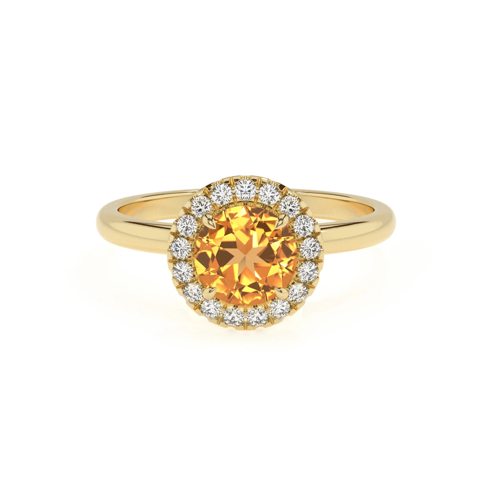 lab grown citrine round solitaire rings in yellow gold