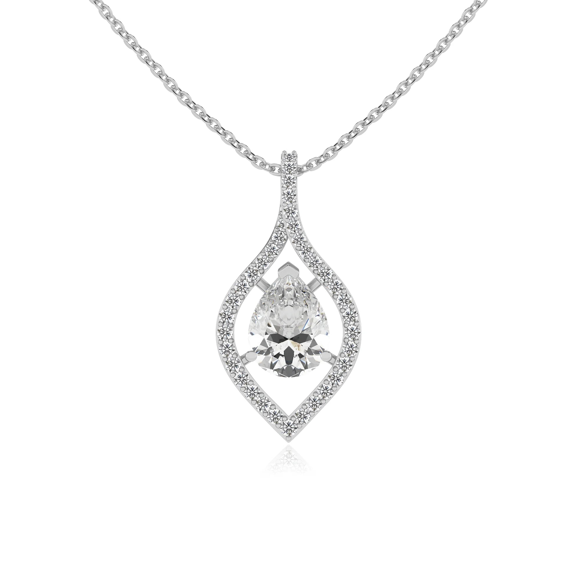 lab grown moissanite pear infinity necklaces in white gold
