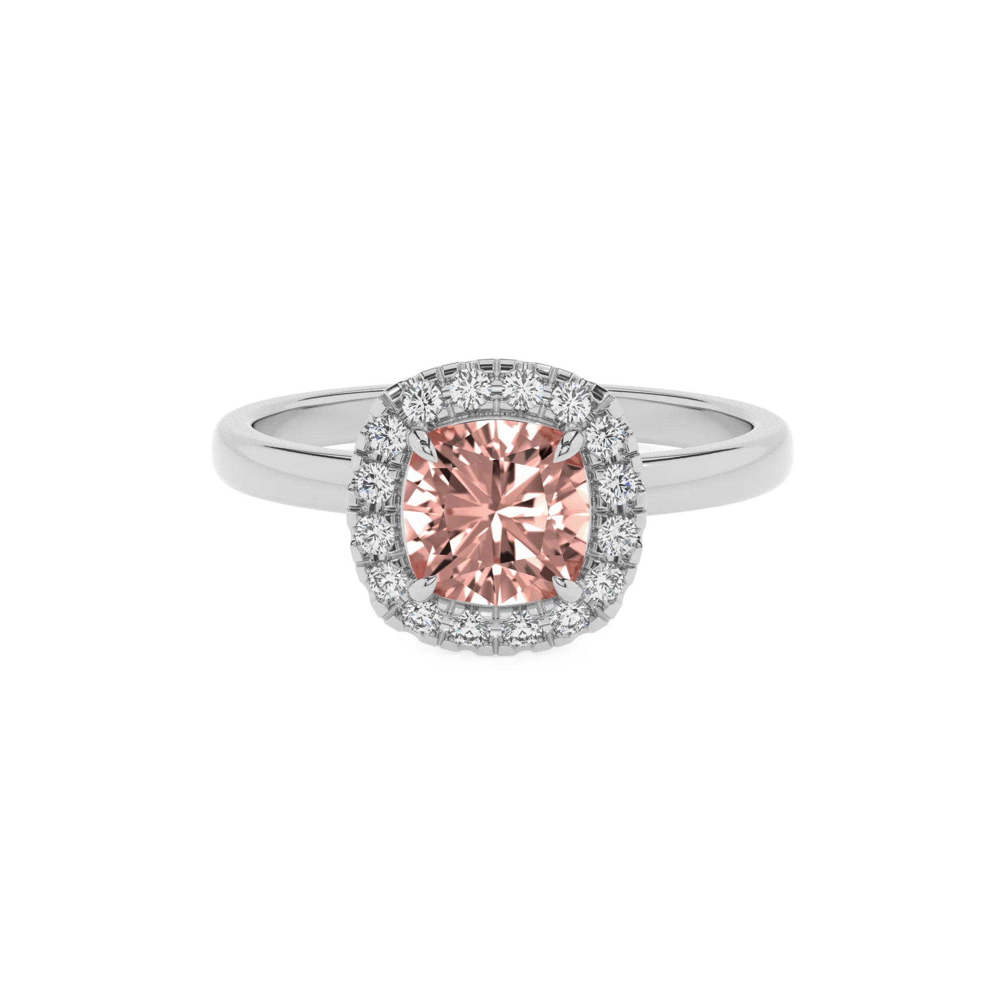 lab grown morganite cushion solitaire rings in white gold