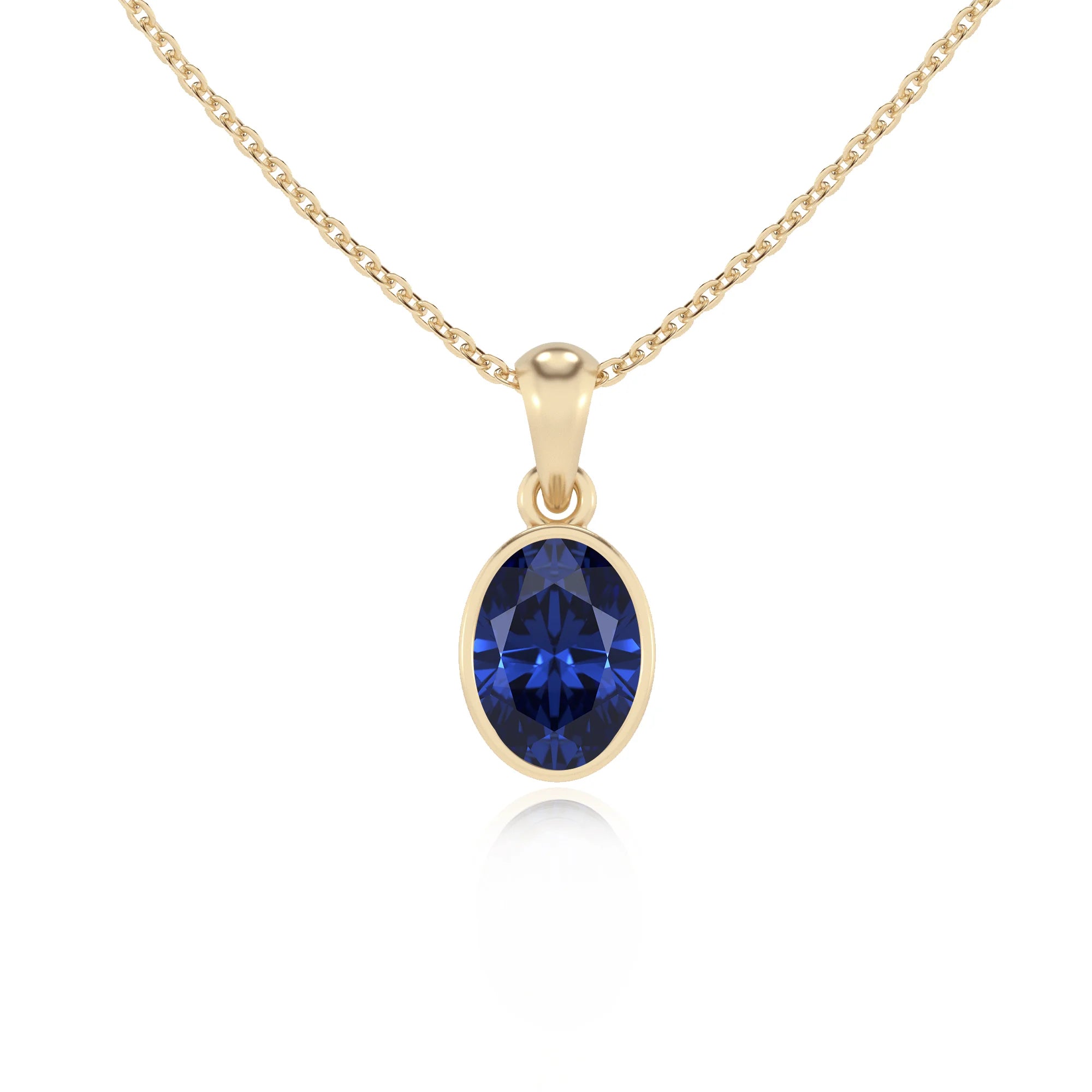 lab grown blue-sapphire oval solitaire necklaces in yellow gold