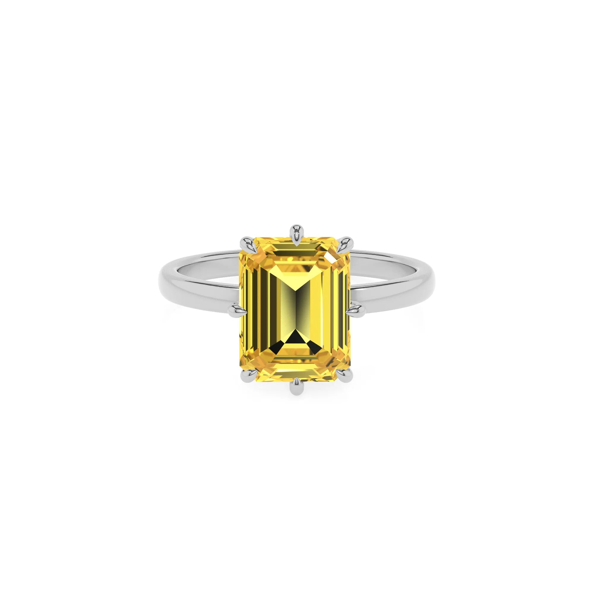 lab grown yellow-sapphire emerald cut solitaire rings in sterling silver