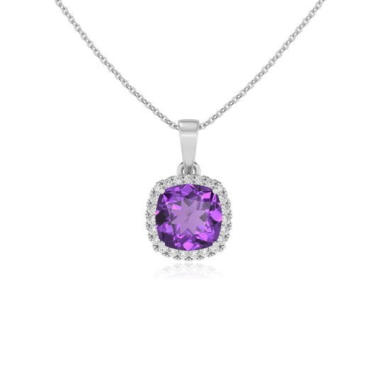 lab grown amethyst cushion solitaire necklaces in platinum