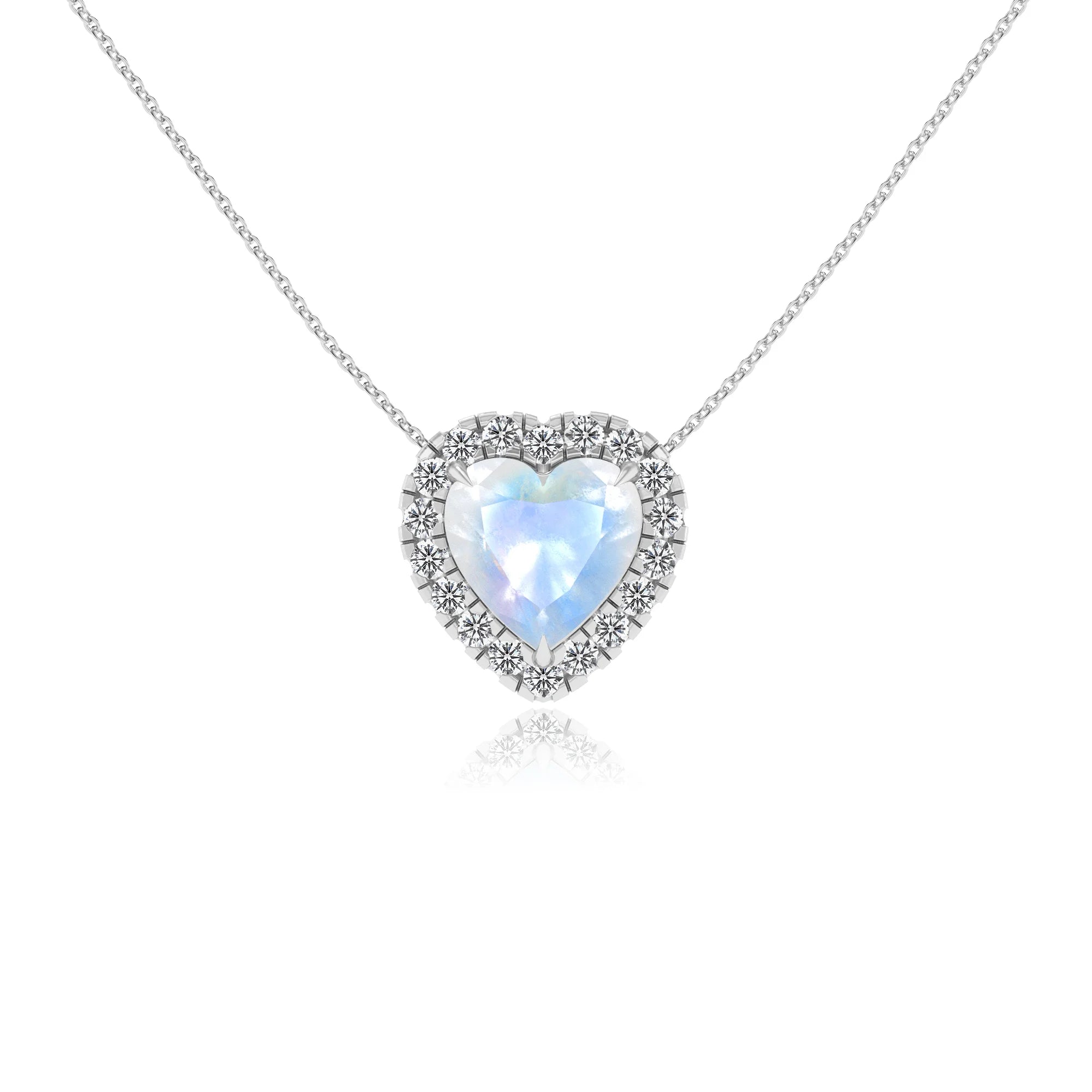 natural rainbow moonstone heart solitaire necklaces in sterling silver