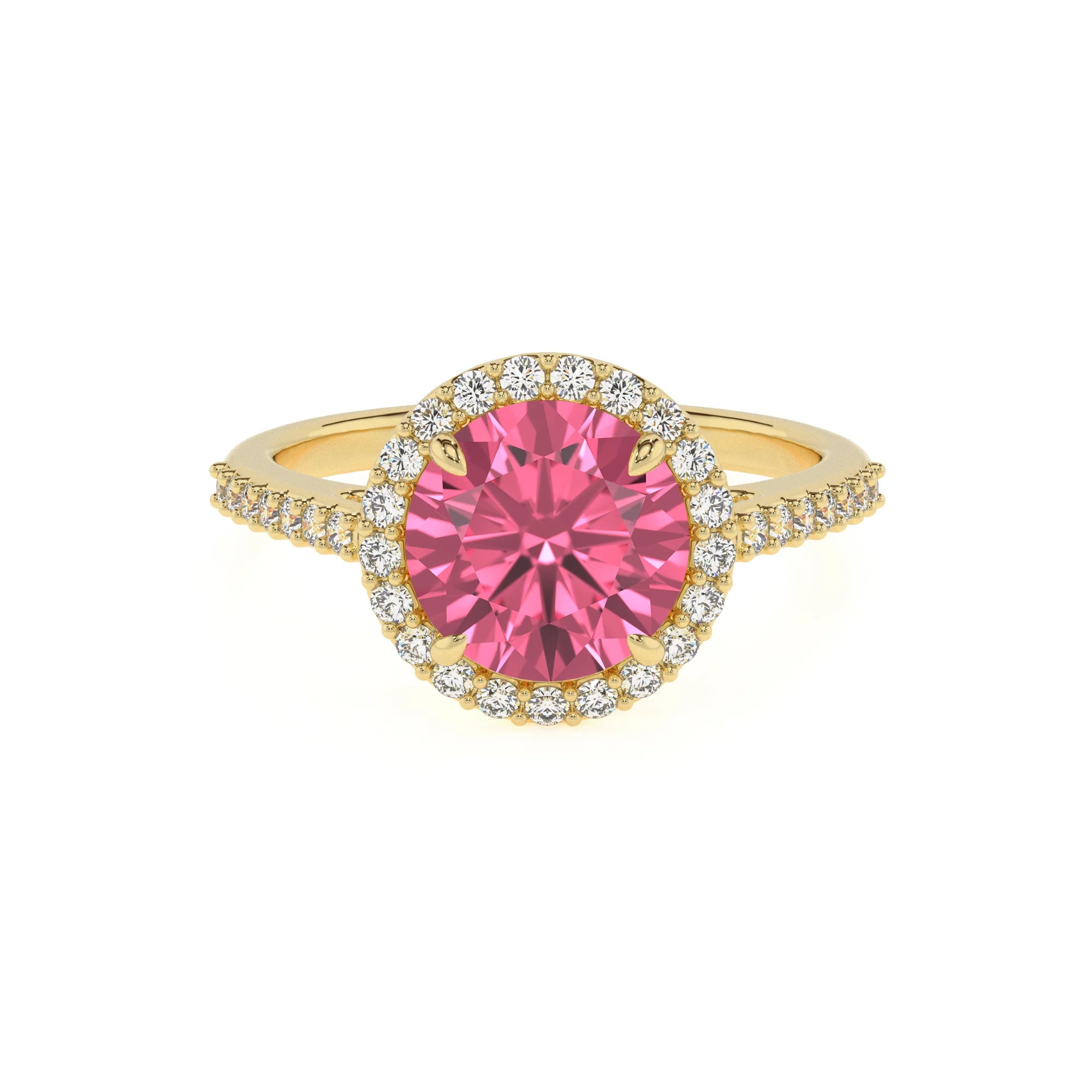 lab grown pink-tourmaline round solitaire rings in yellow gold