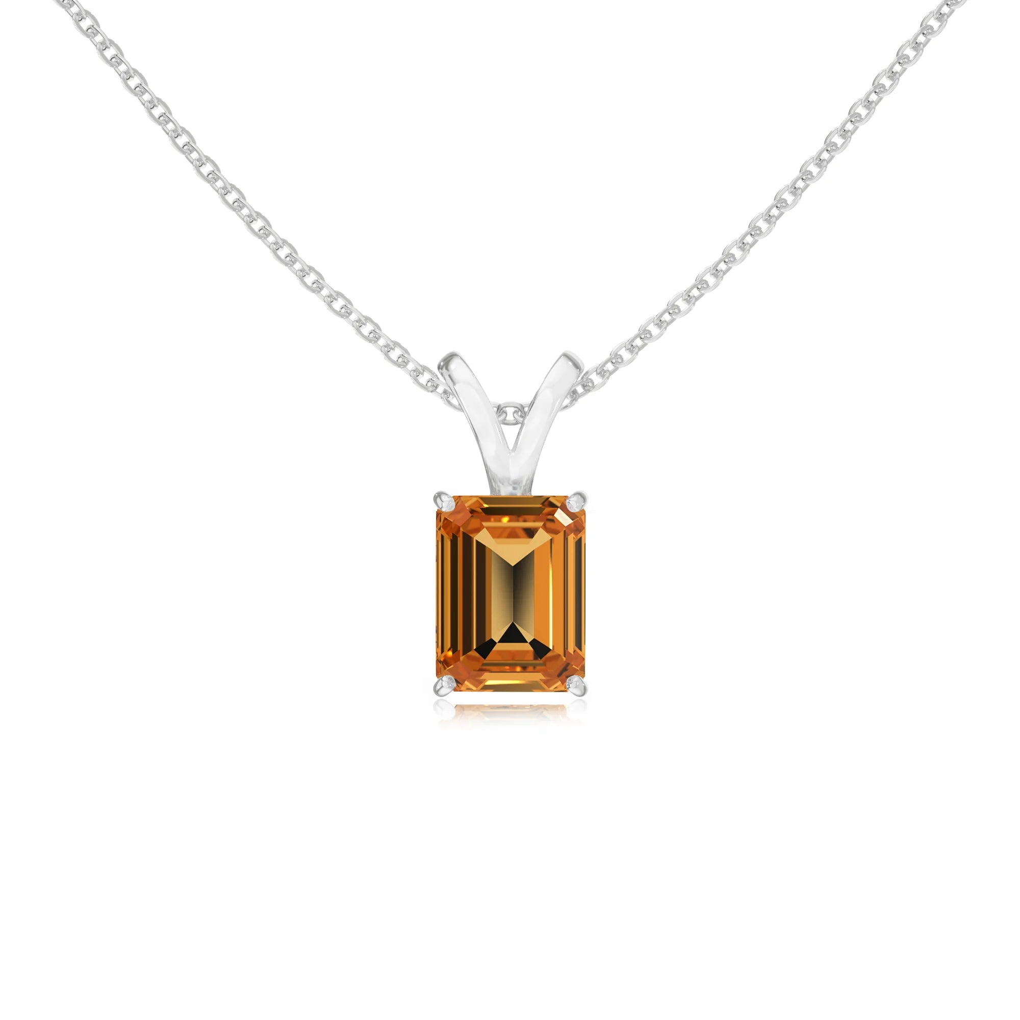 lab grown citrine emerald cut solitaire v-bale necklaces in sterling silver