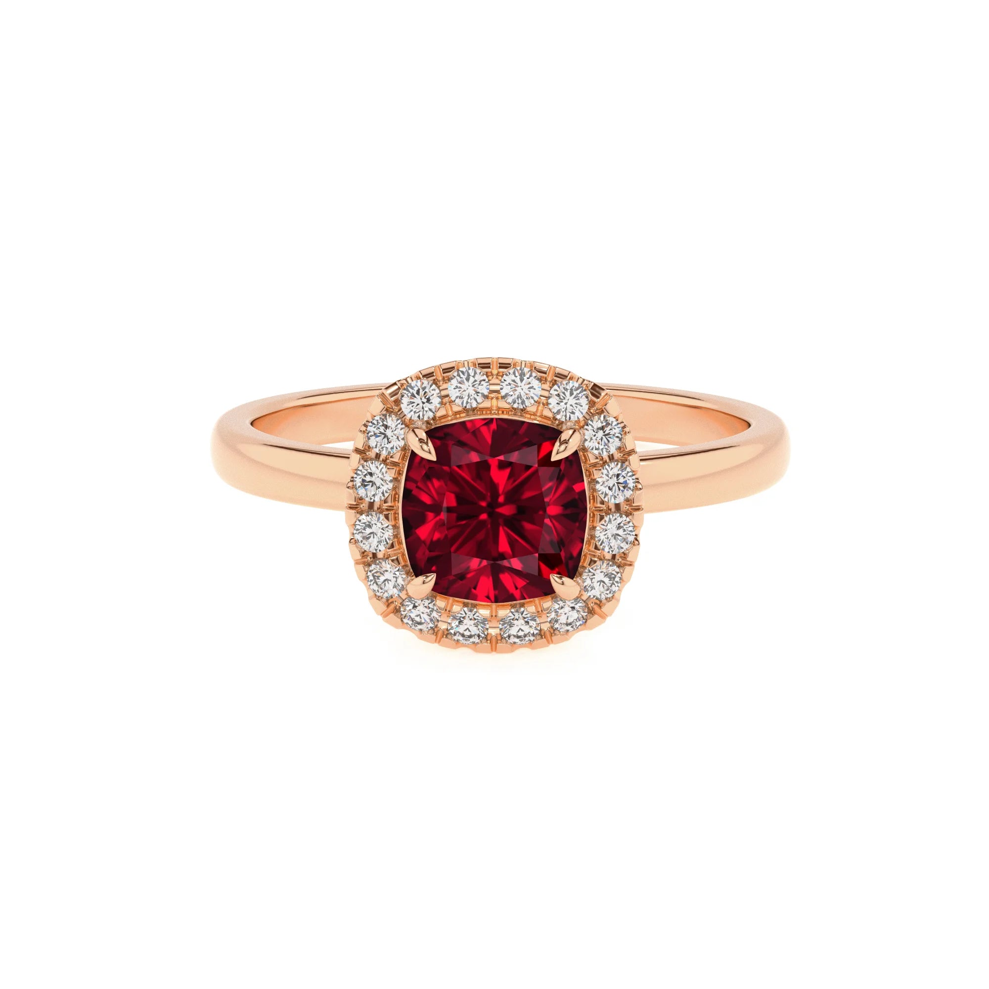 lab grown ruby cushion solitaire rings in rose gold