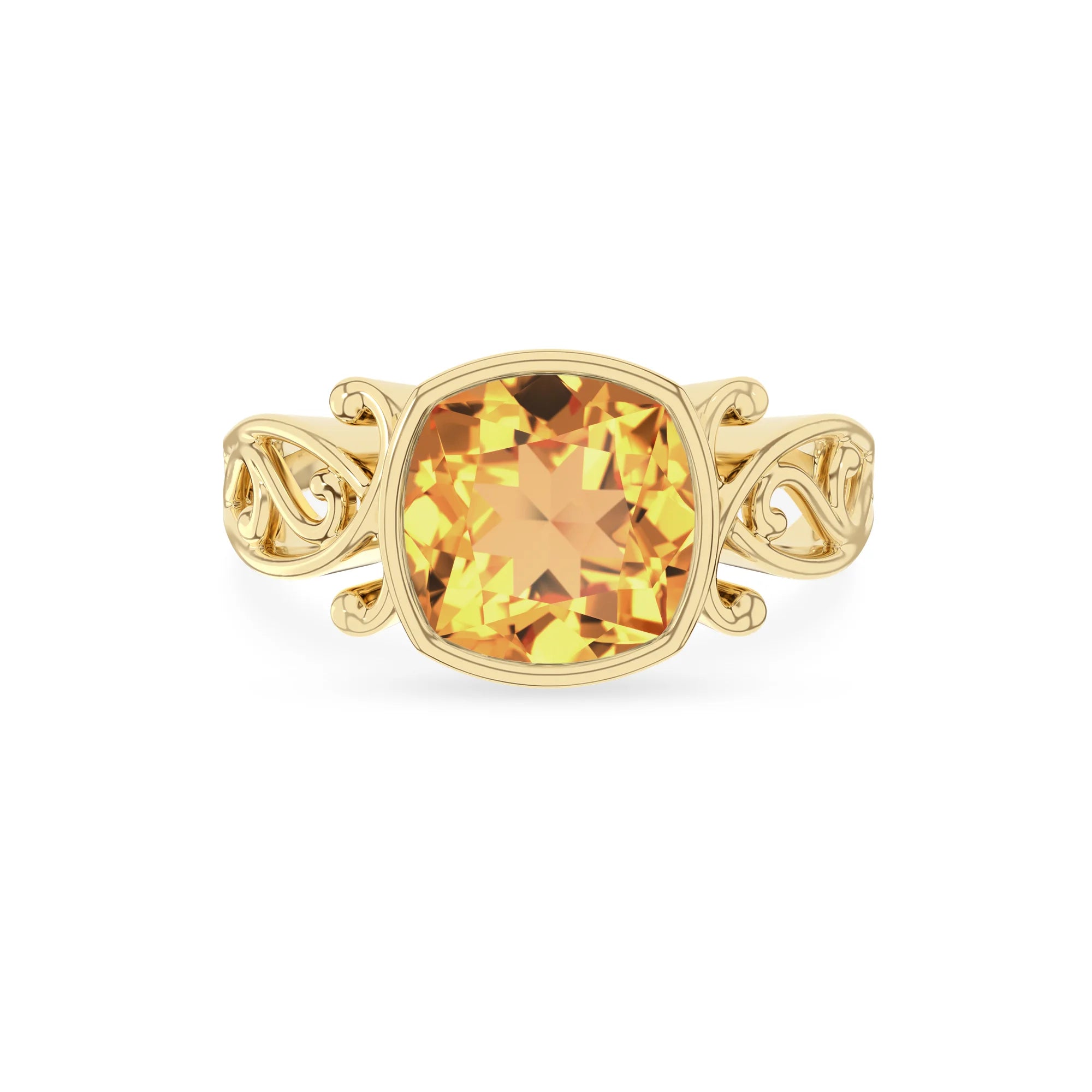 lab grown citrine cushion solitaire rings in yellow gold