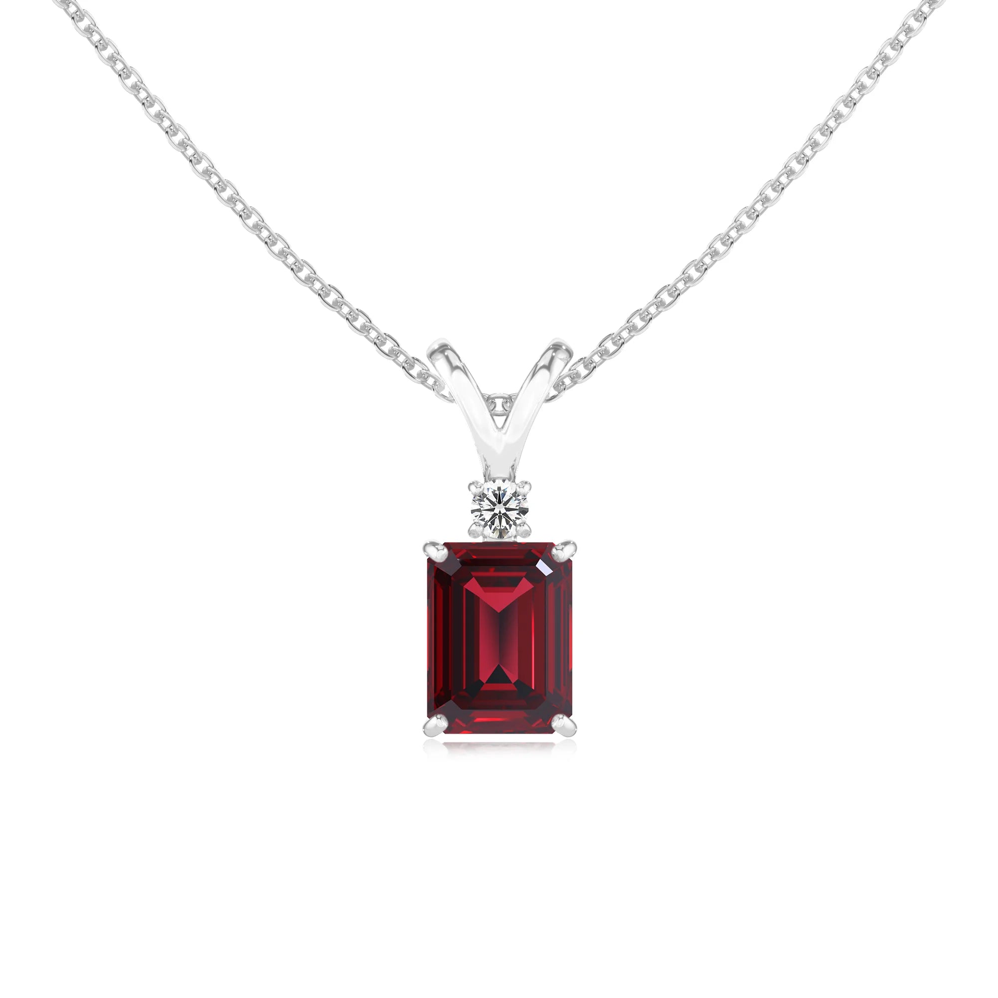 lab grown ruby emerald cut solitaire v-bale necklaces in white gold