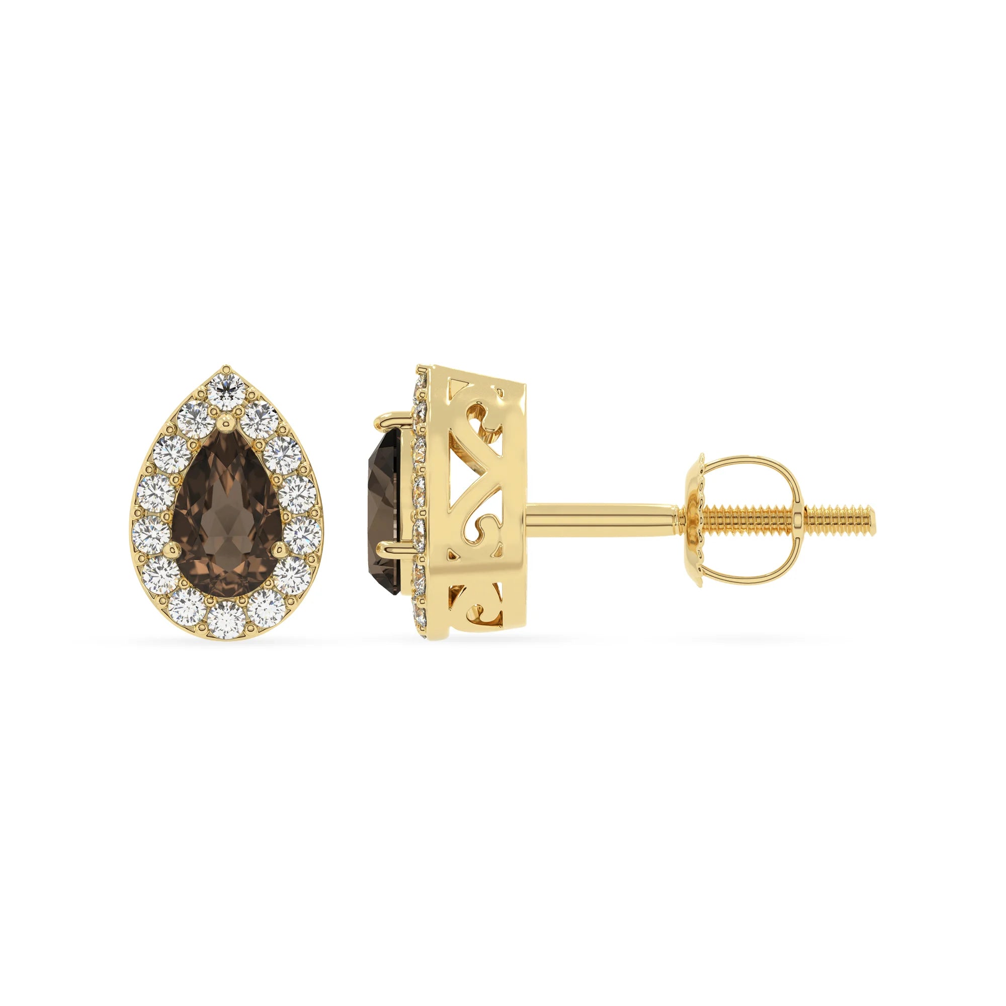 natural smoky quartz pear stud earrings in yellow gold