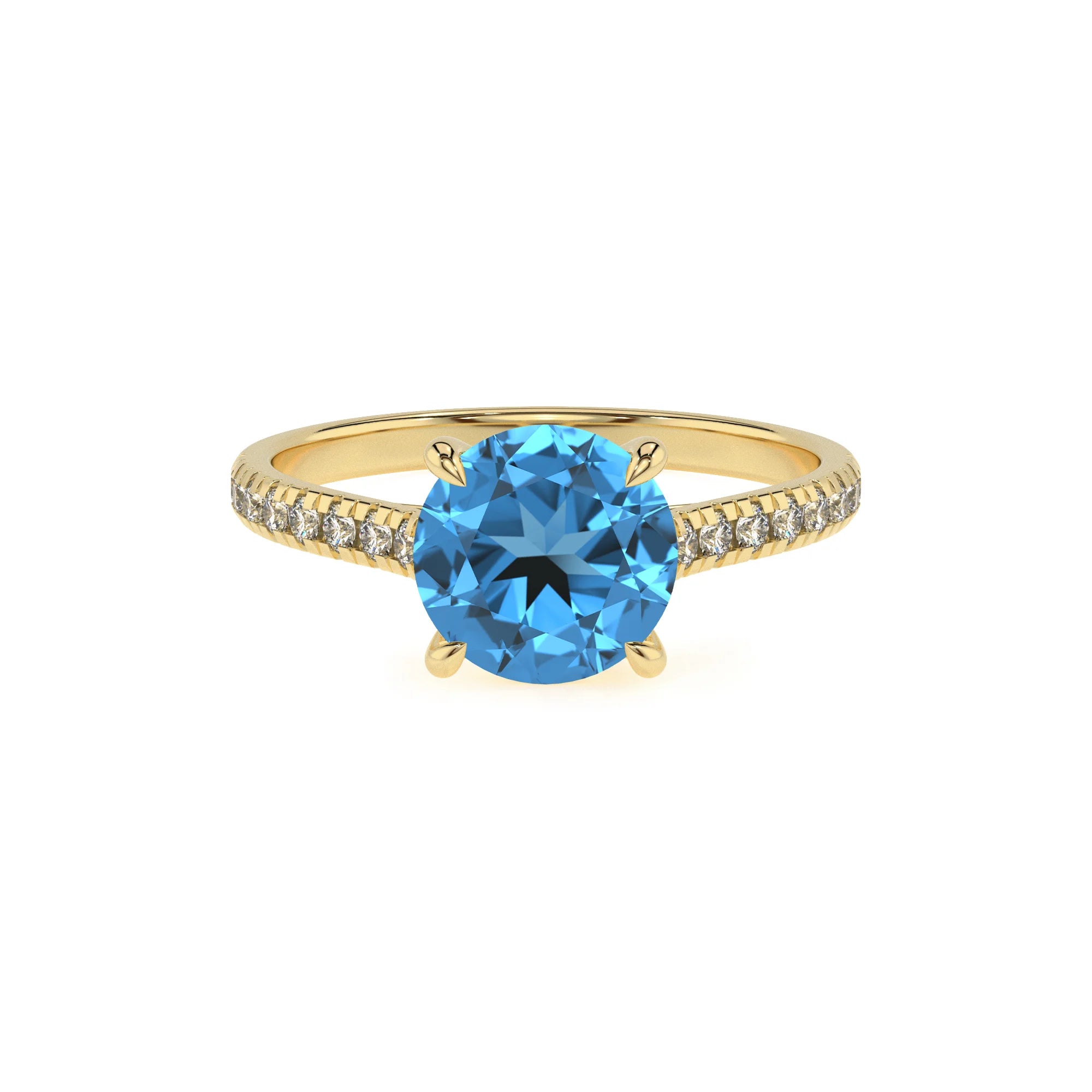 natural swiss-blue-topaz round half eternity solitaire engagement rings in yellow gold