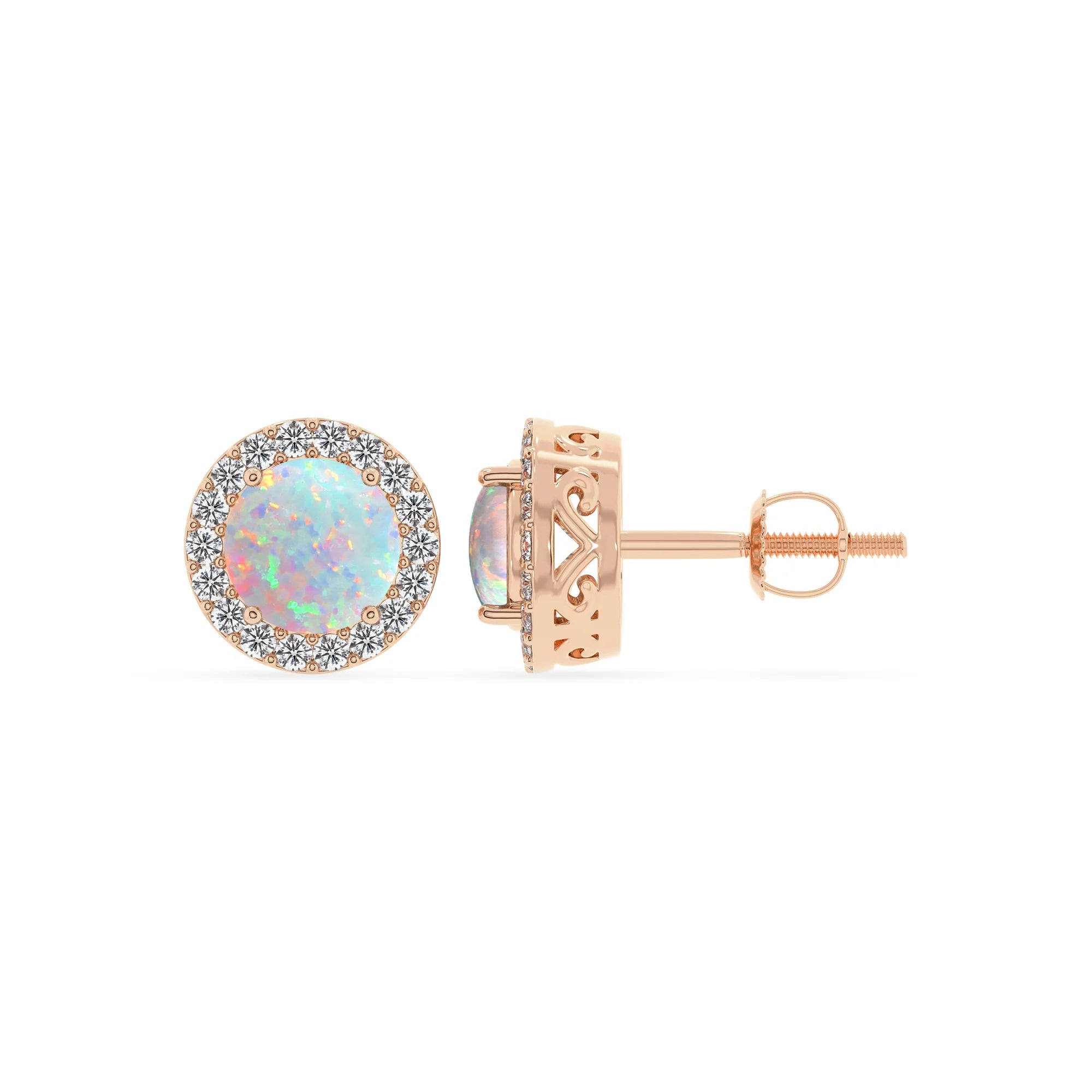 lab grown opal round stud earrings in rose gold