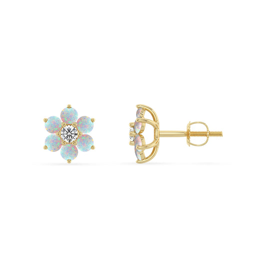 Lab Grown Opal Round Stud Earrings with Diamond