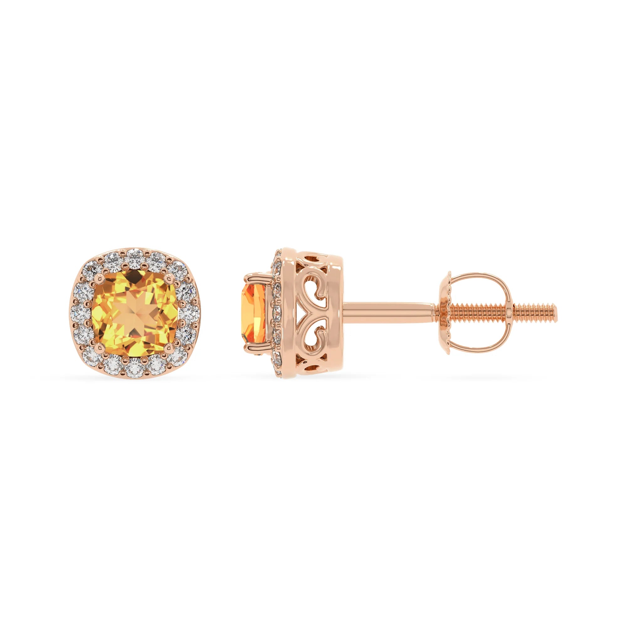 lab grown citrine cushion stud earrings in rose gold