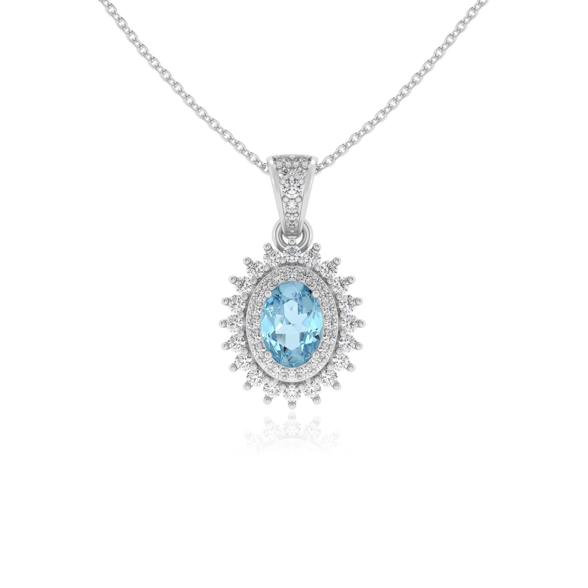 lab grown aquamarine oval halo necklaces in platinum