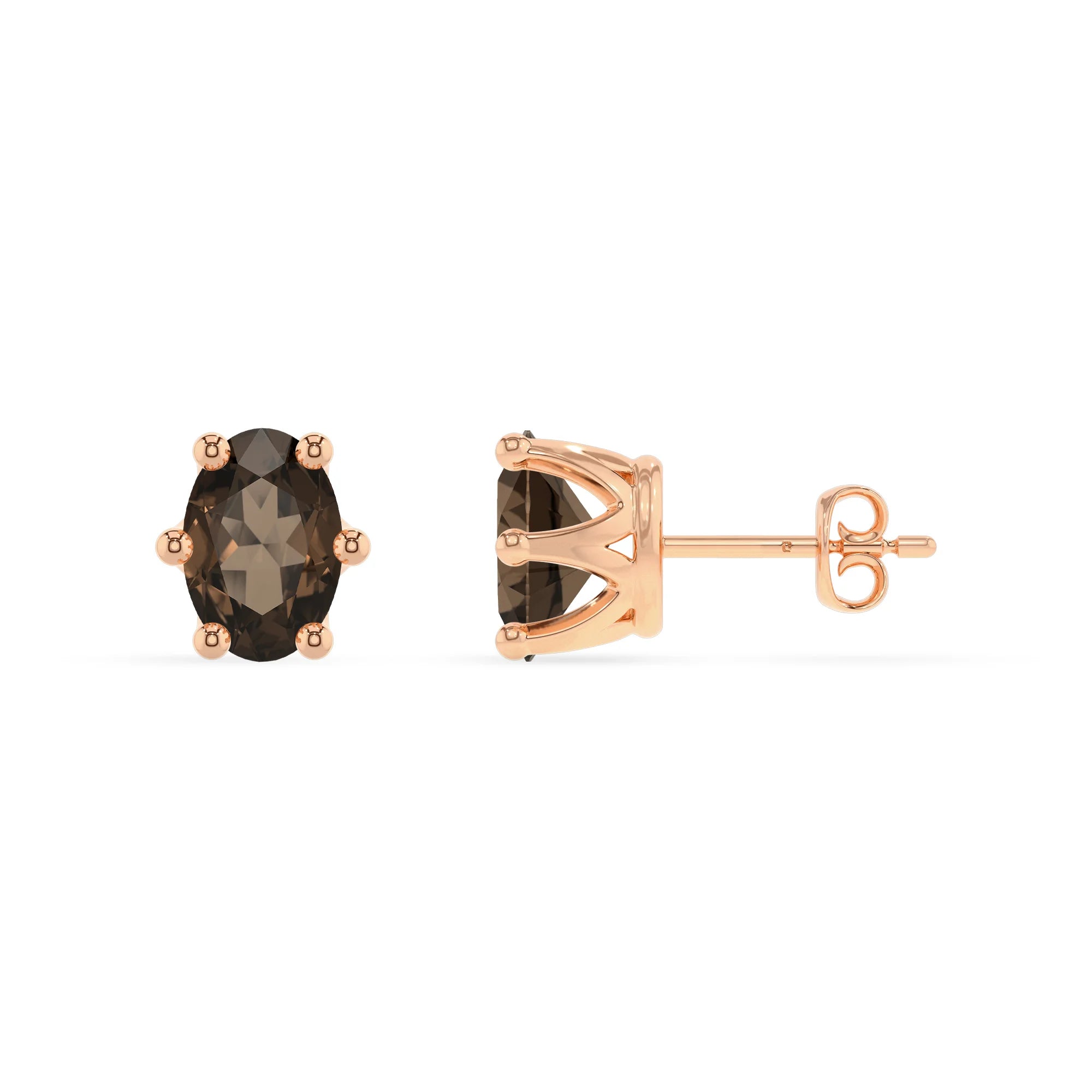 natural smoky quartz oval stud earrings in rose gold