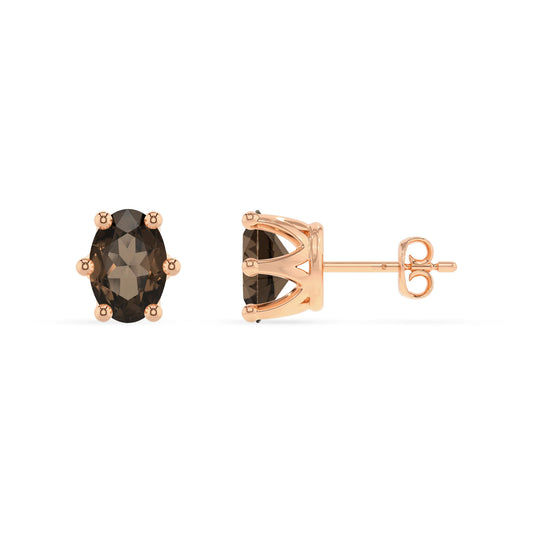 natural smoky quartz oval stud earrings in rose gold