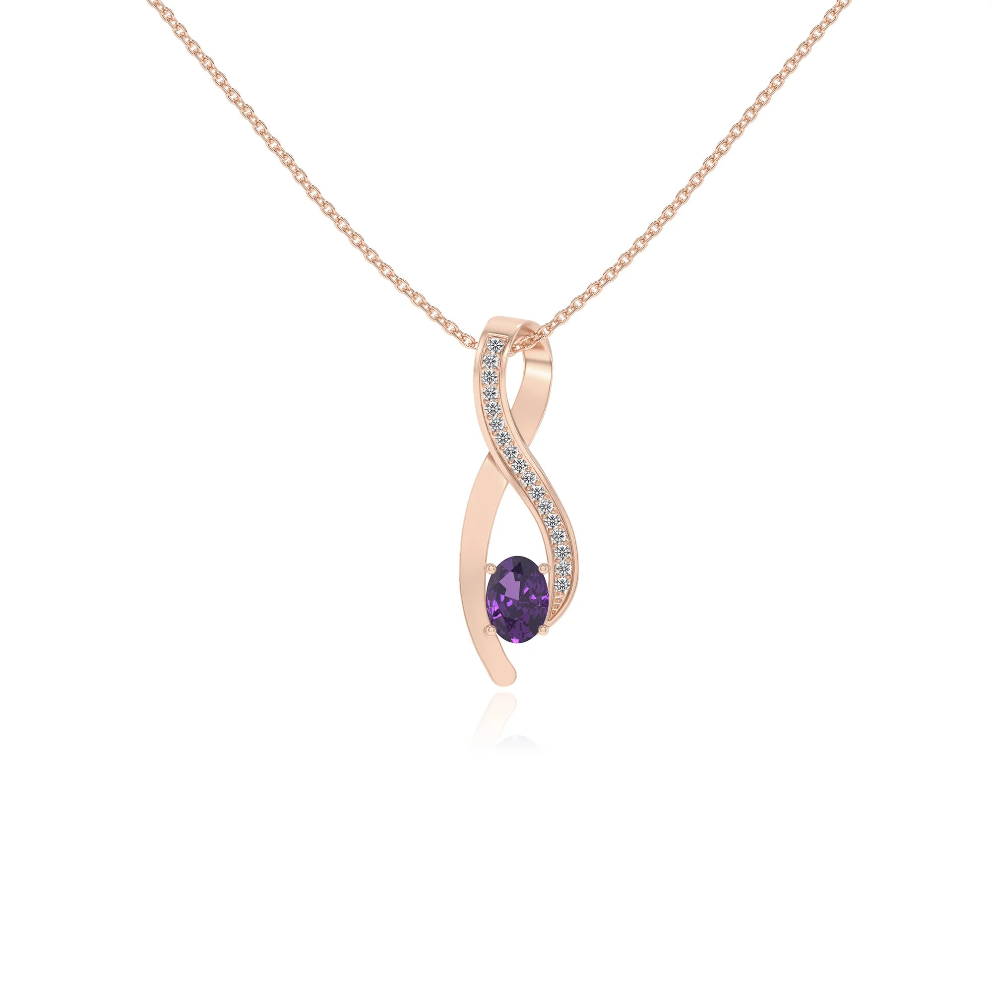 lab grown amethyst oval solitaire necklaces in rose gold