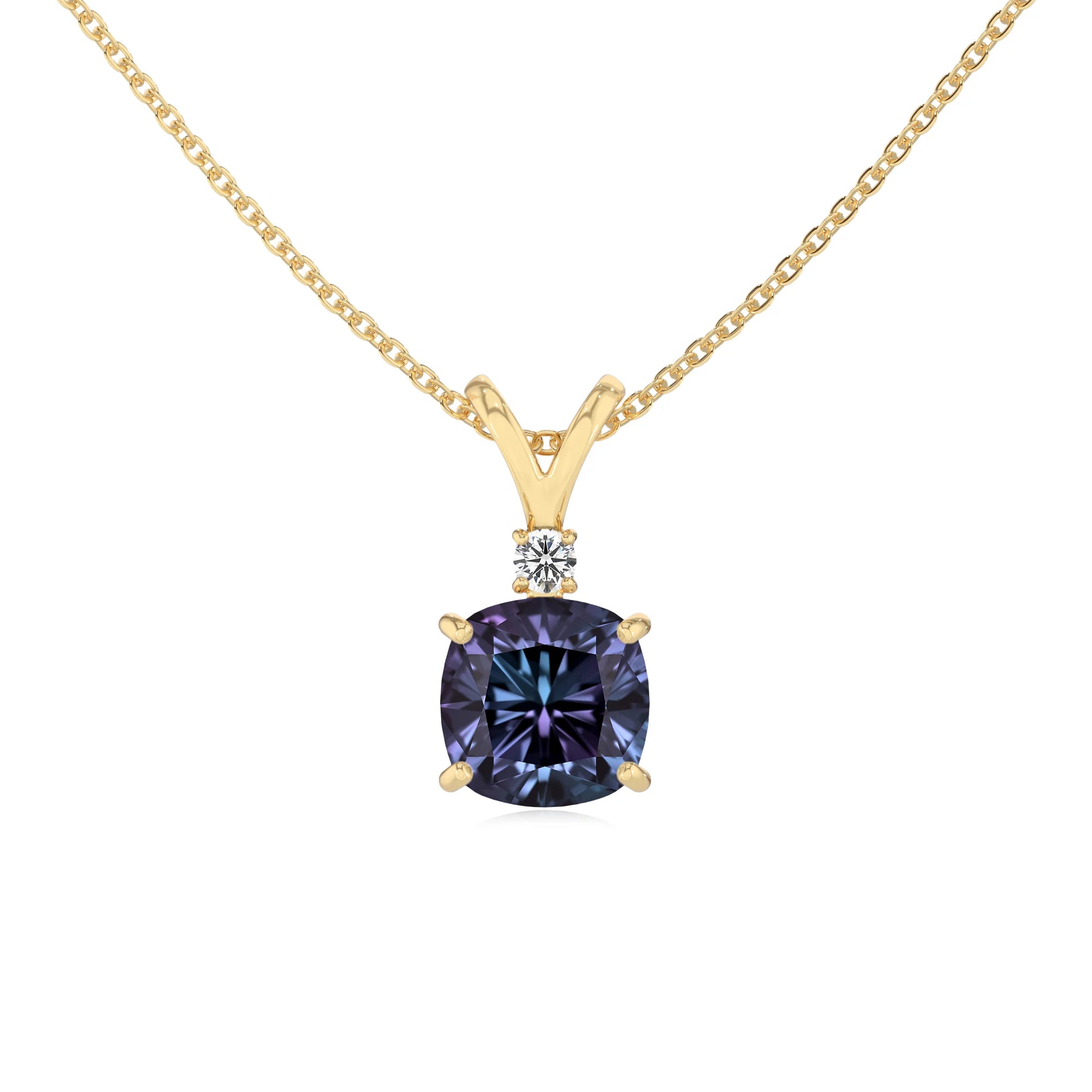 lab grown alexandrite cushion solitaire v-bale necklaces in yellow gold