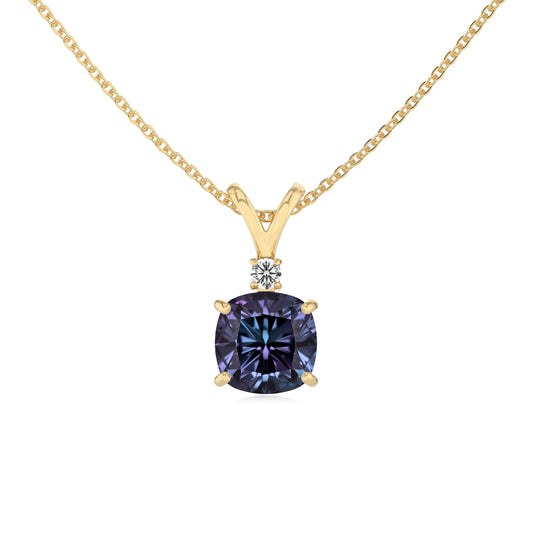 lab grown alexandrite cushion solitaire v-bale necklaces in yellow gold