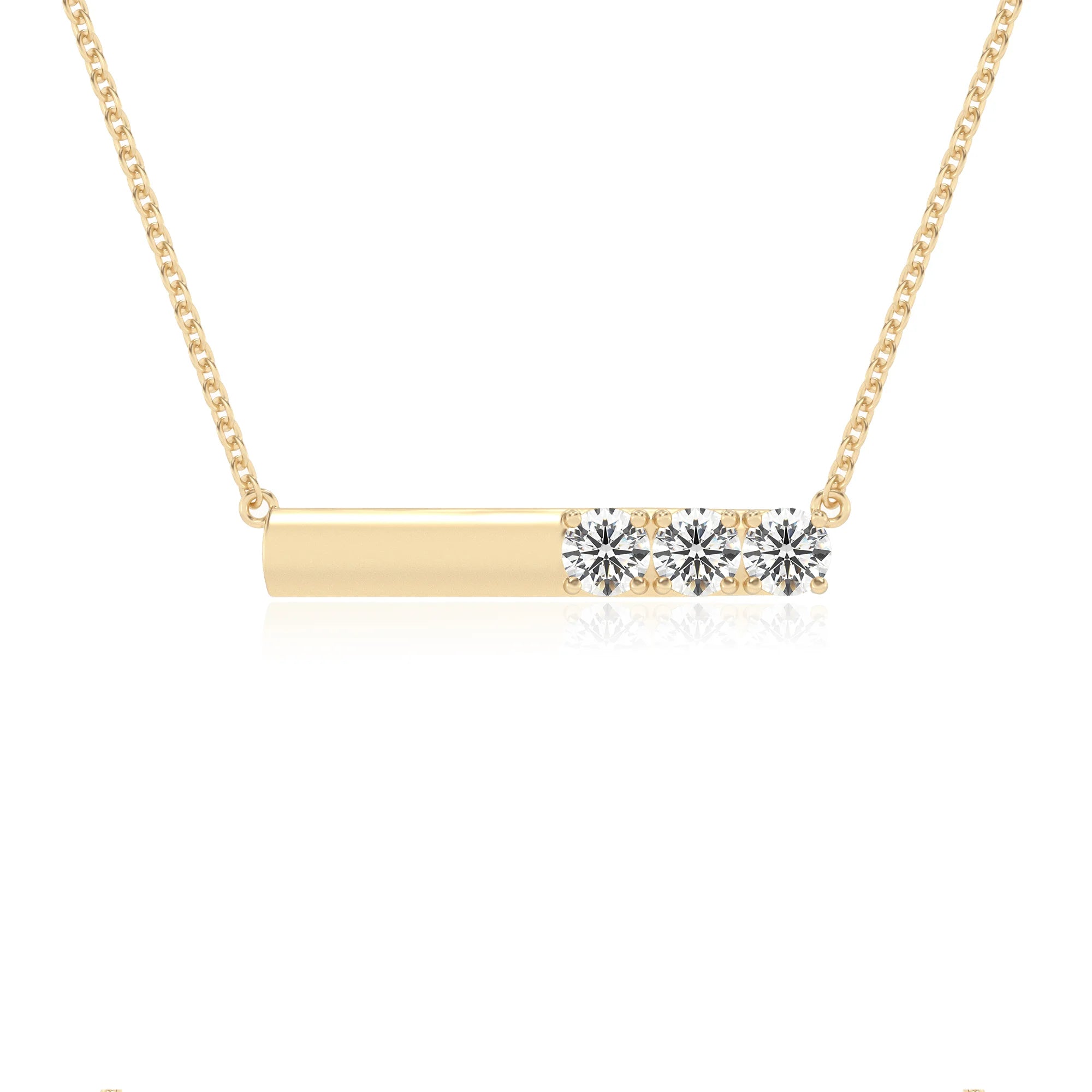 lab grown moissanite round bar v-bale necklaces in yellow gold