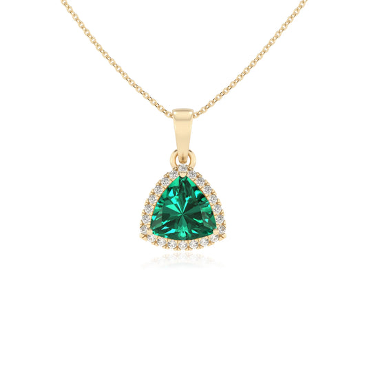 lab grown emerald trillion solitaire necklaces in yellow gold