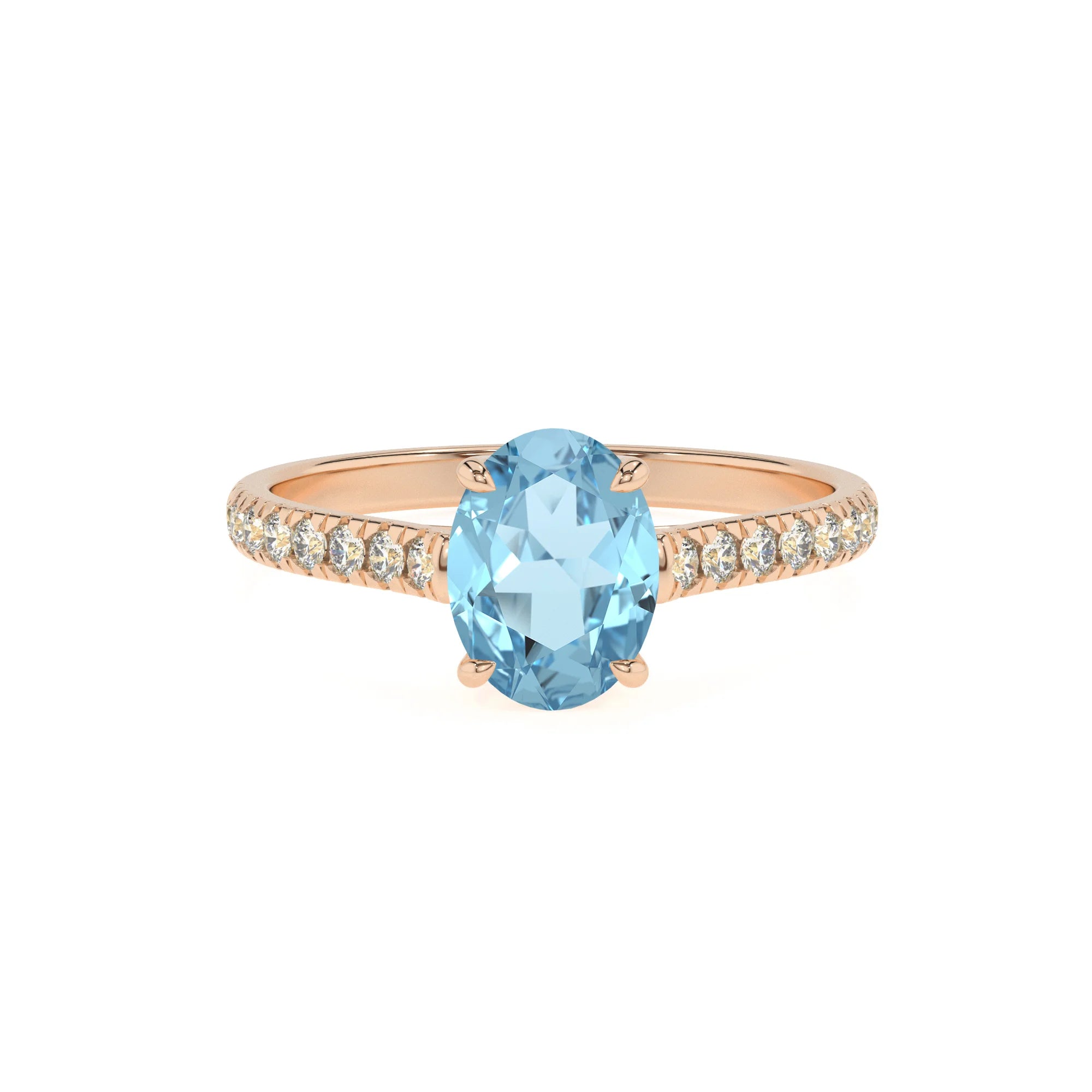 lab grown aquamarine oval half eternity solitaire engagement rings in rose gold