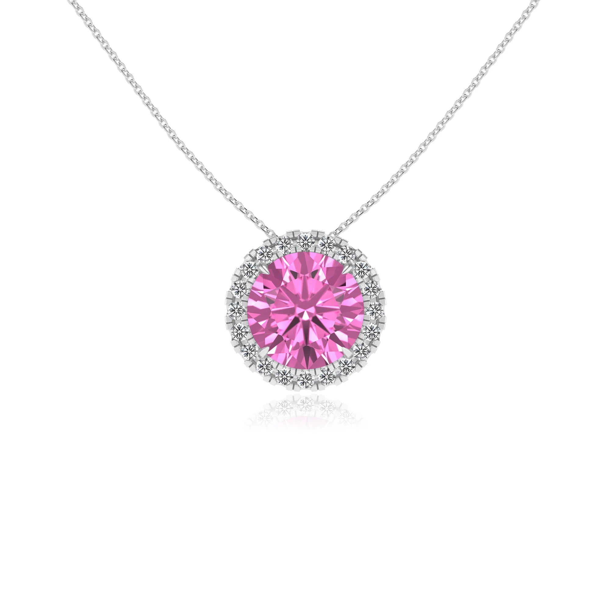 lab grown pink sapphire round solitaire necklaces in white gold