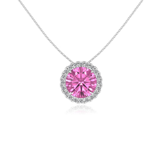 lab grown pink sapphire round solitaire necklaces in white gold