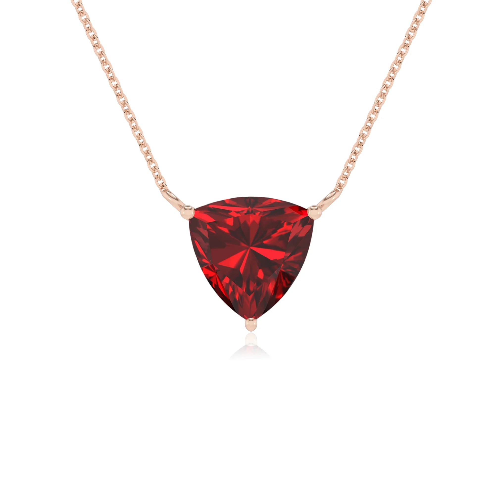 lab grown ruby trillion solitaire necklaces in rose gold