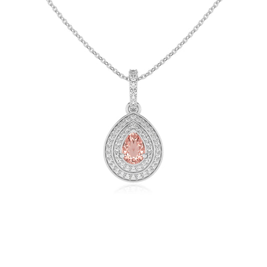 lab grown morganite pear halo necklaces in white gold