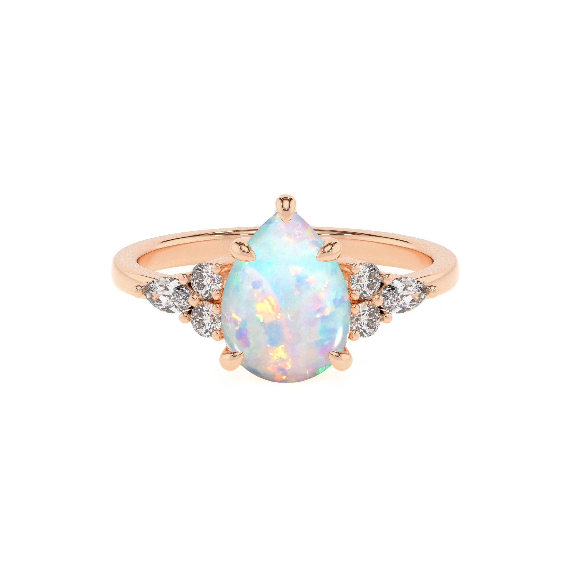 lab grown opal pear solitaire rings in rose gold