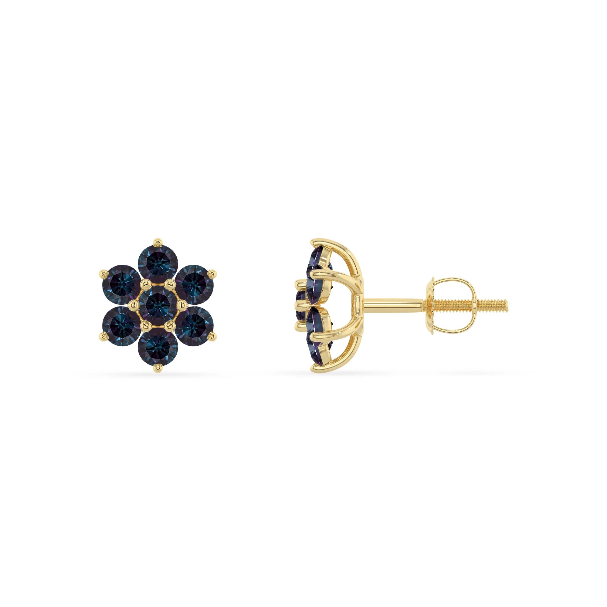 lab grown alexandrite round stud earrings in yellow gold