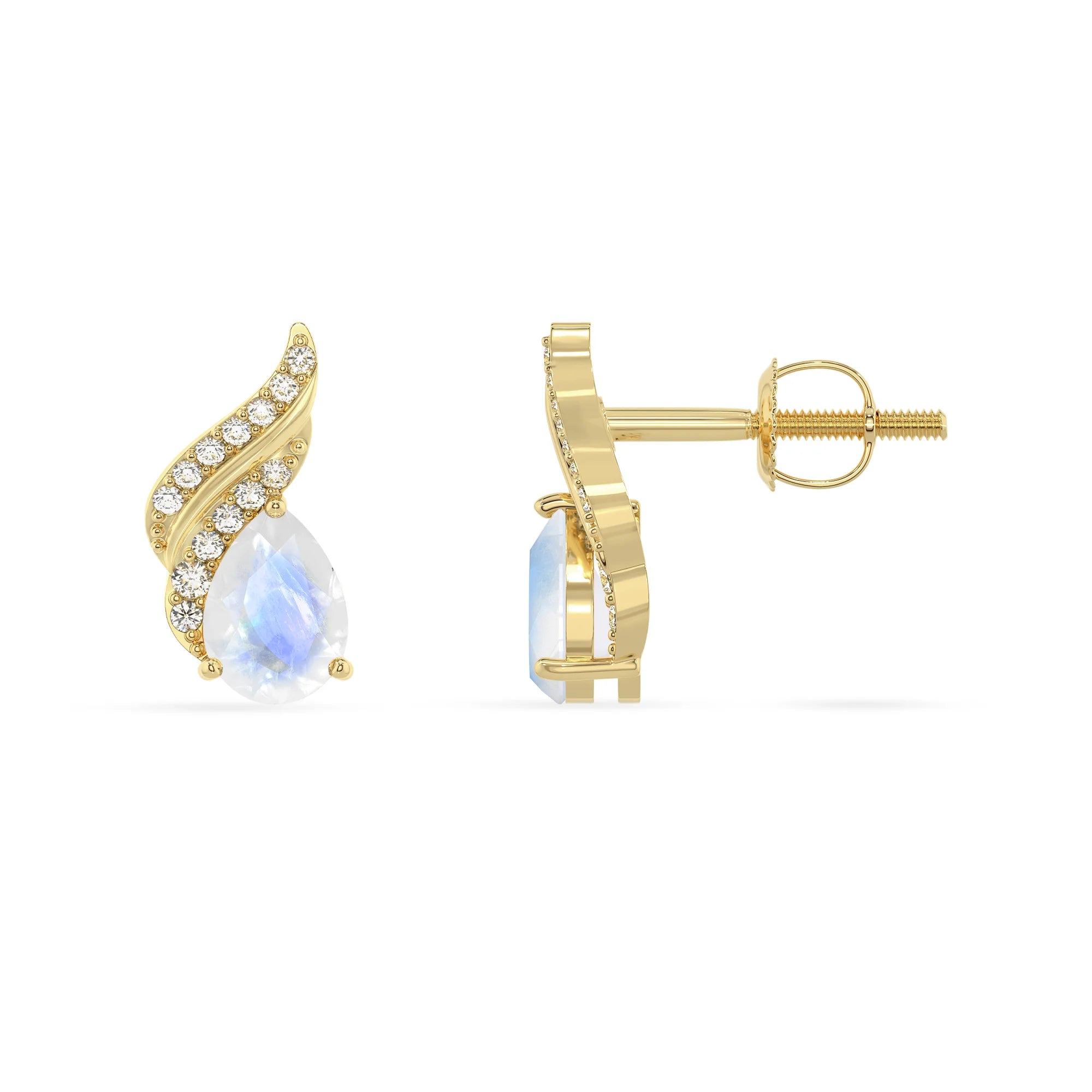 natural rainbow moonstone pear stud earrings in yellow gold