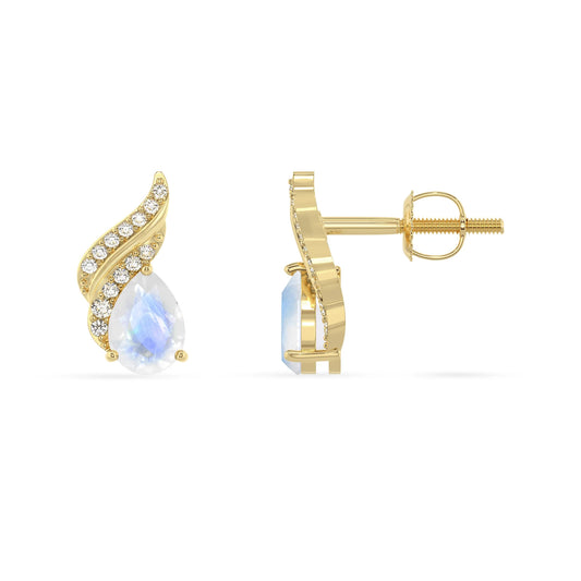 natural rainbow moonstone pear stud earrings in yellow gold