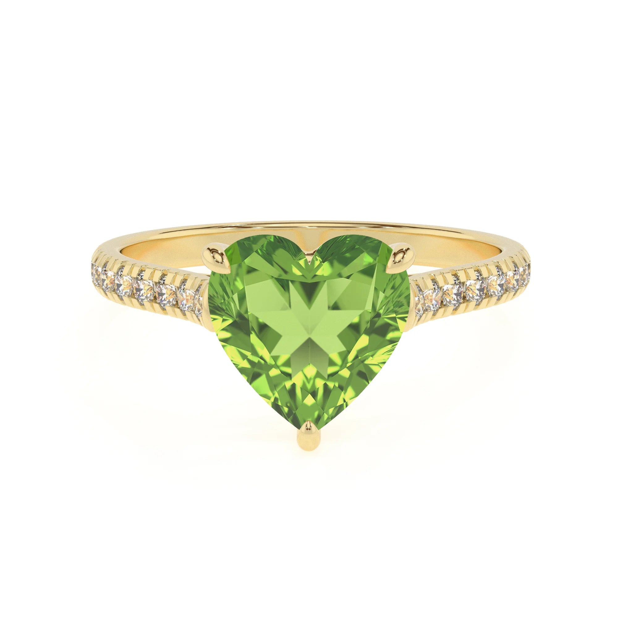 natural peridot heart half eternity solitaire engagement rings in yellow gold