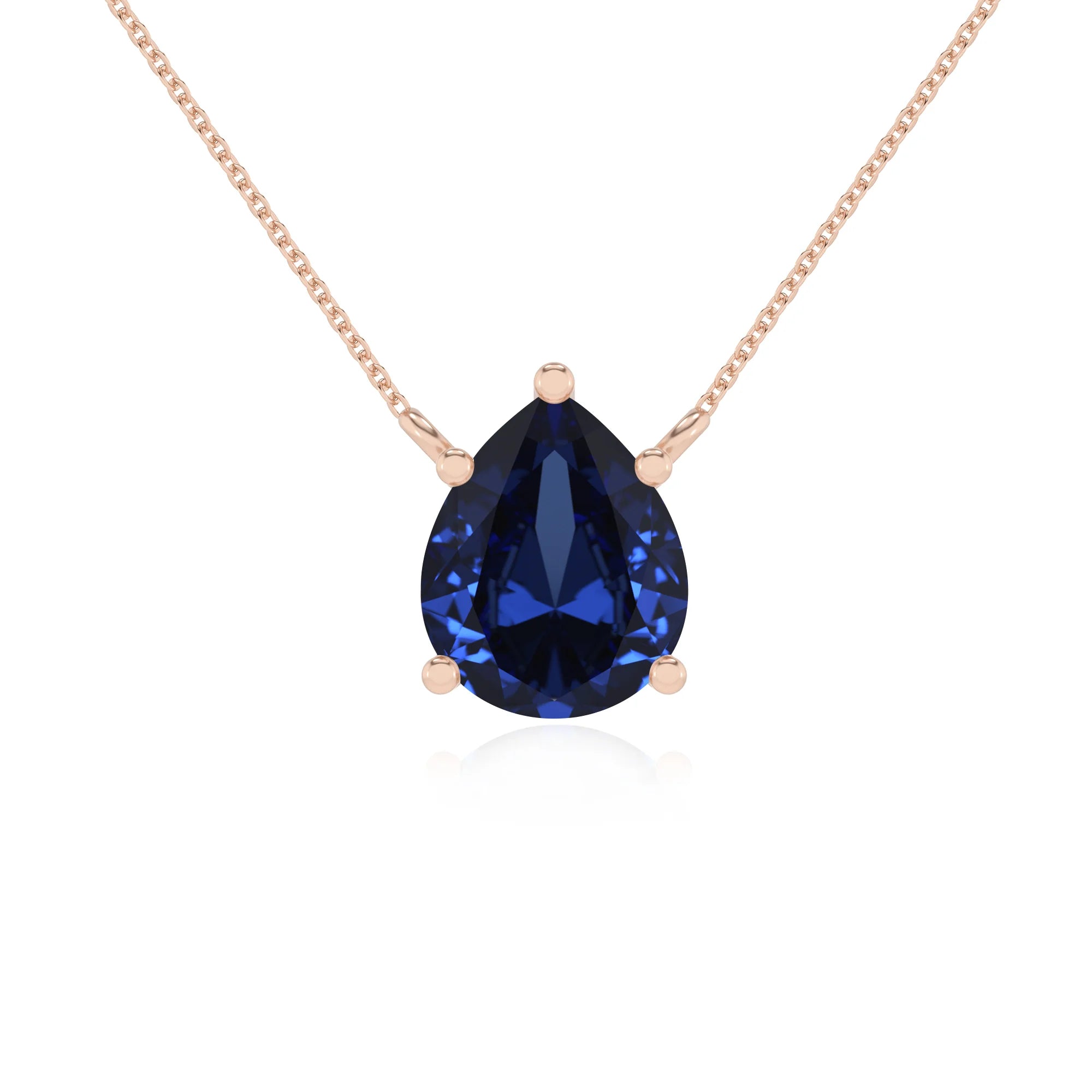 lab grown blue-sapphire pear solitaire necklaces in rose gold