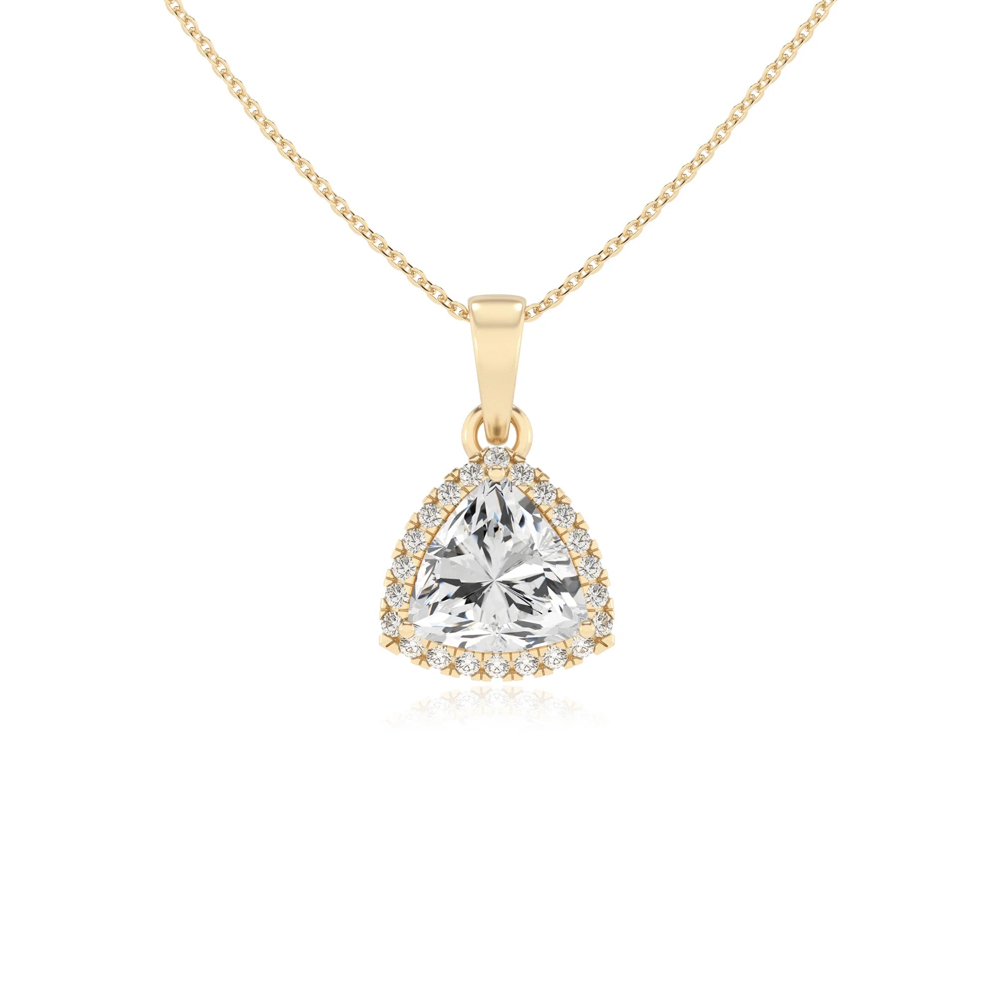 lab grown moissanite trillion solitaire necklaces in yellow gold