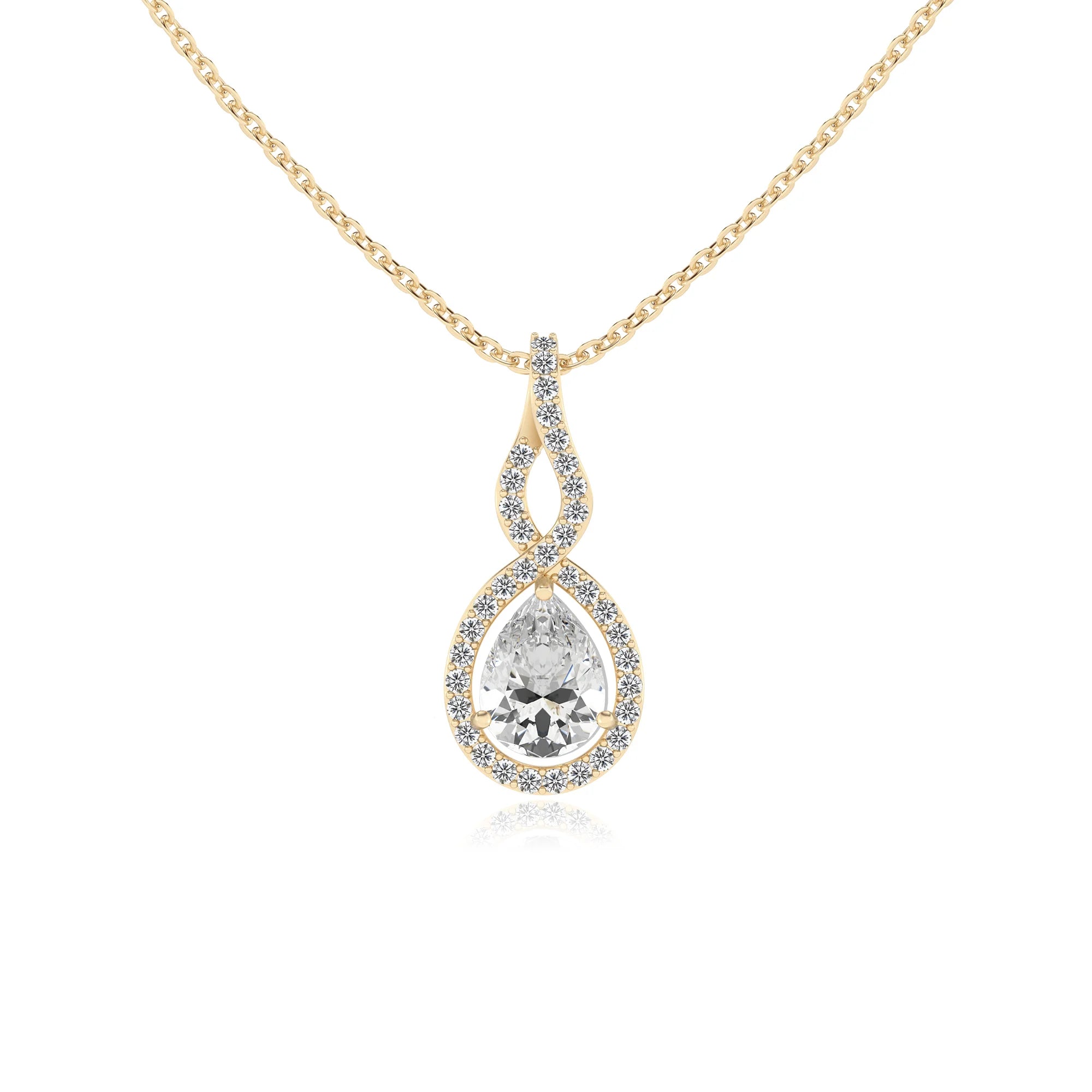 lab grown moissanite pear necklaces in yellow gold