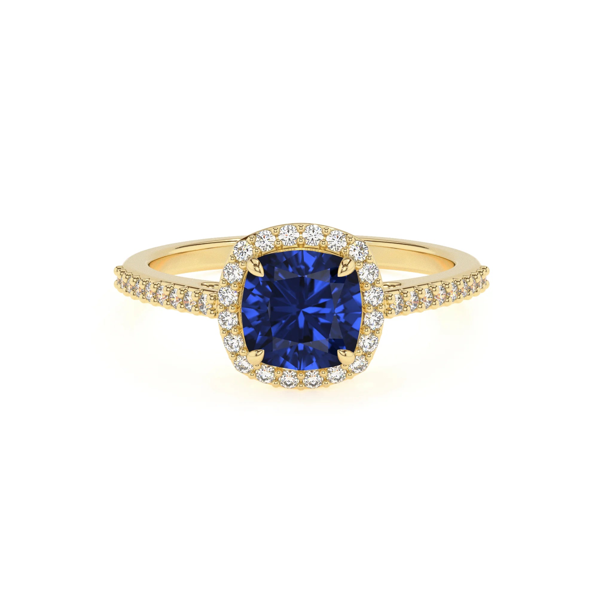 lab grown blue-sapphire cushion solitaire rings in yellow gold