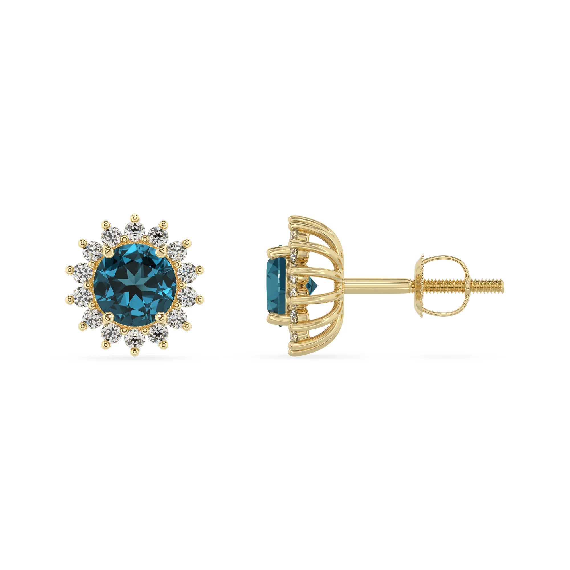 natural london blue topaz round stud earrings in yellow gold