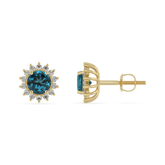 natural london blue topaz round stud earrings in yellow gold