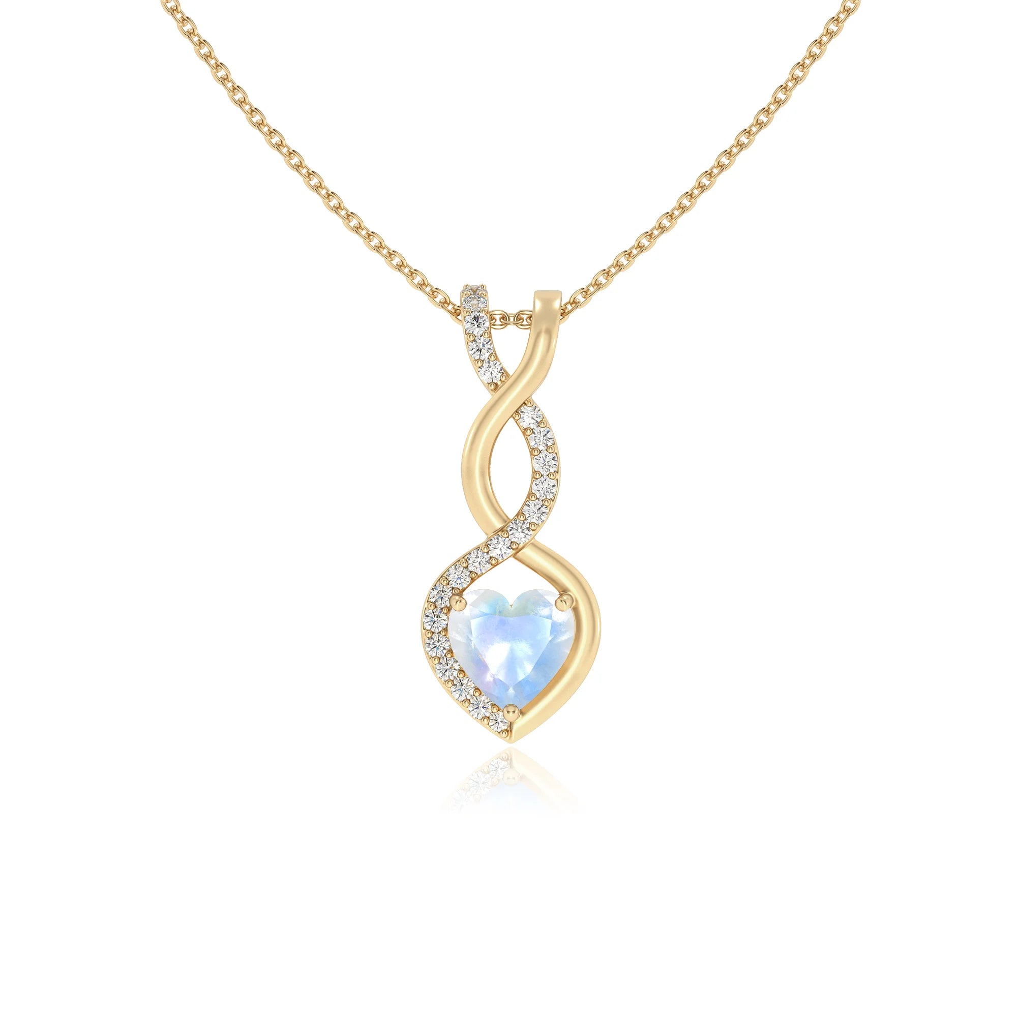 natural rainbow-moonstone heart infinity necklaces in yellow gold
