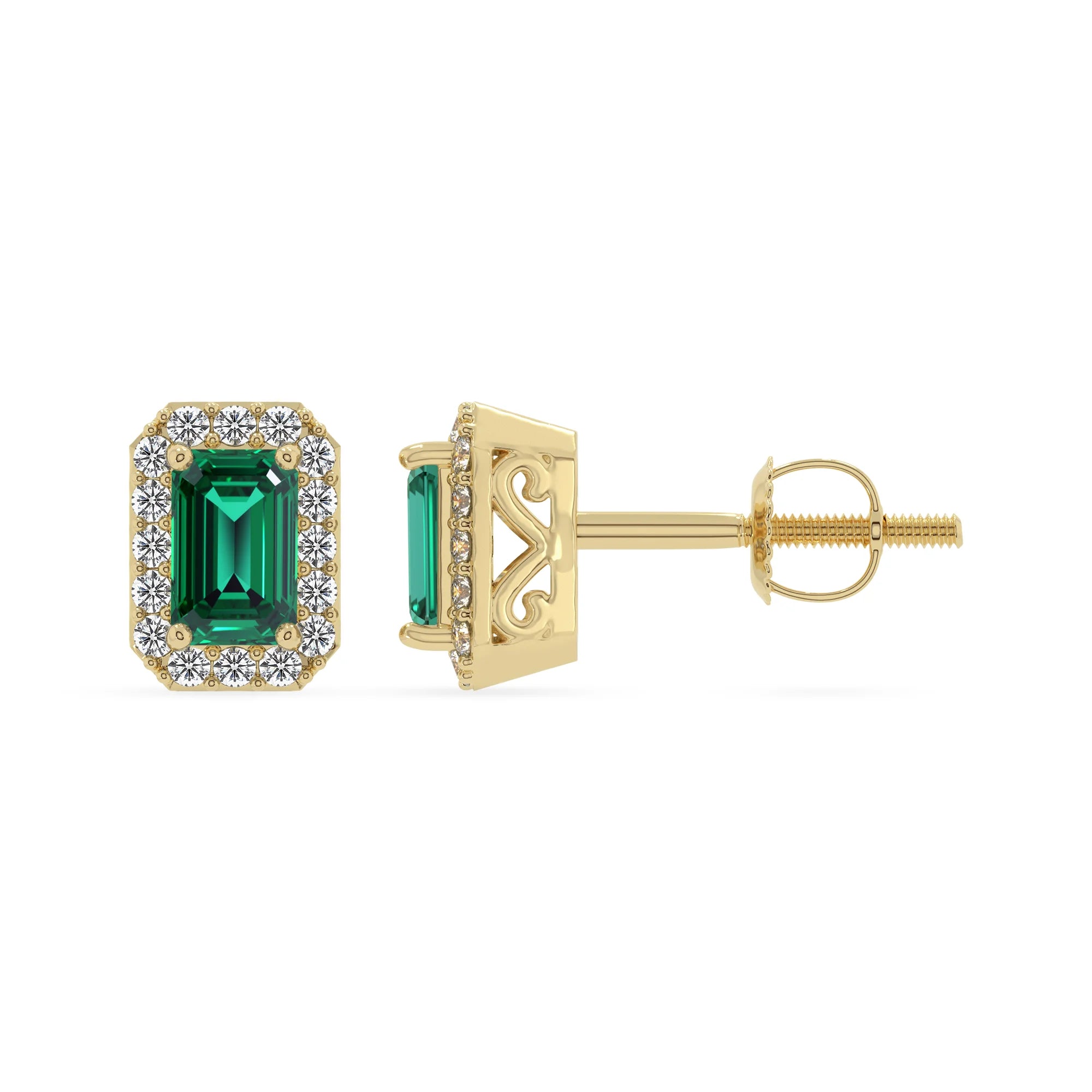 lab grown emerald octogon cut stud earrings in yellow gold