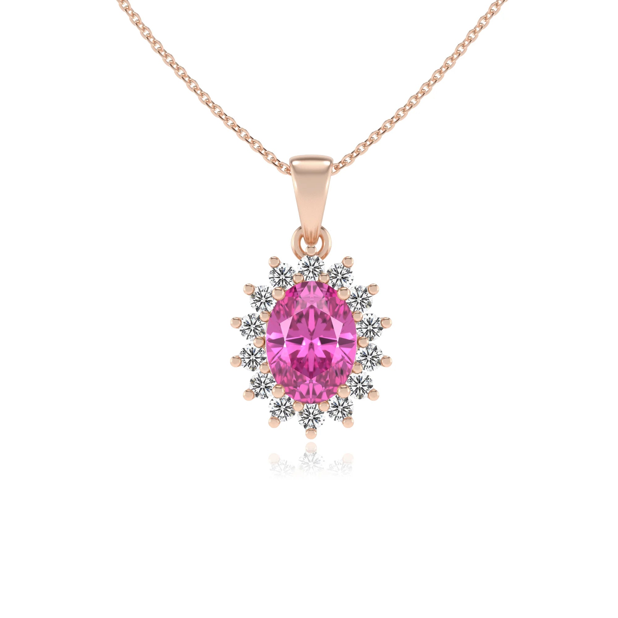 lab grown pink-sapphire oval halo necklaces in rose gold