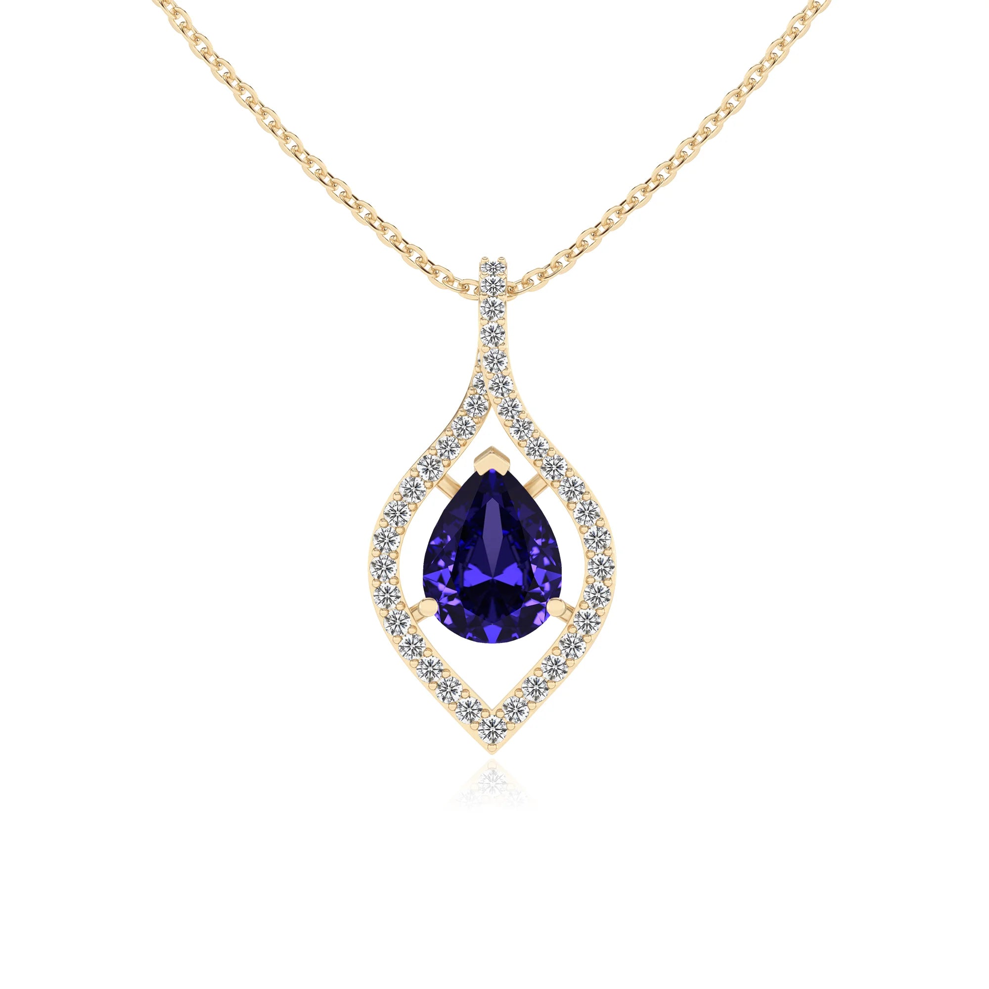 lab grown tanzanite pear infinity necklaces in yellow gold